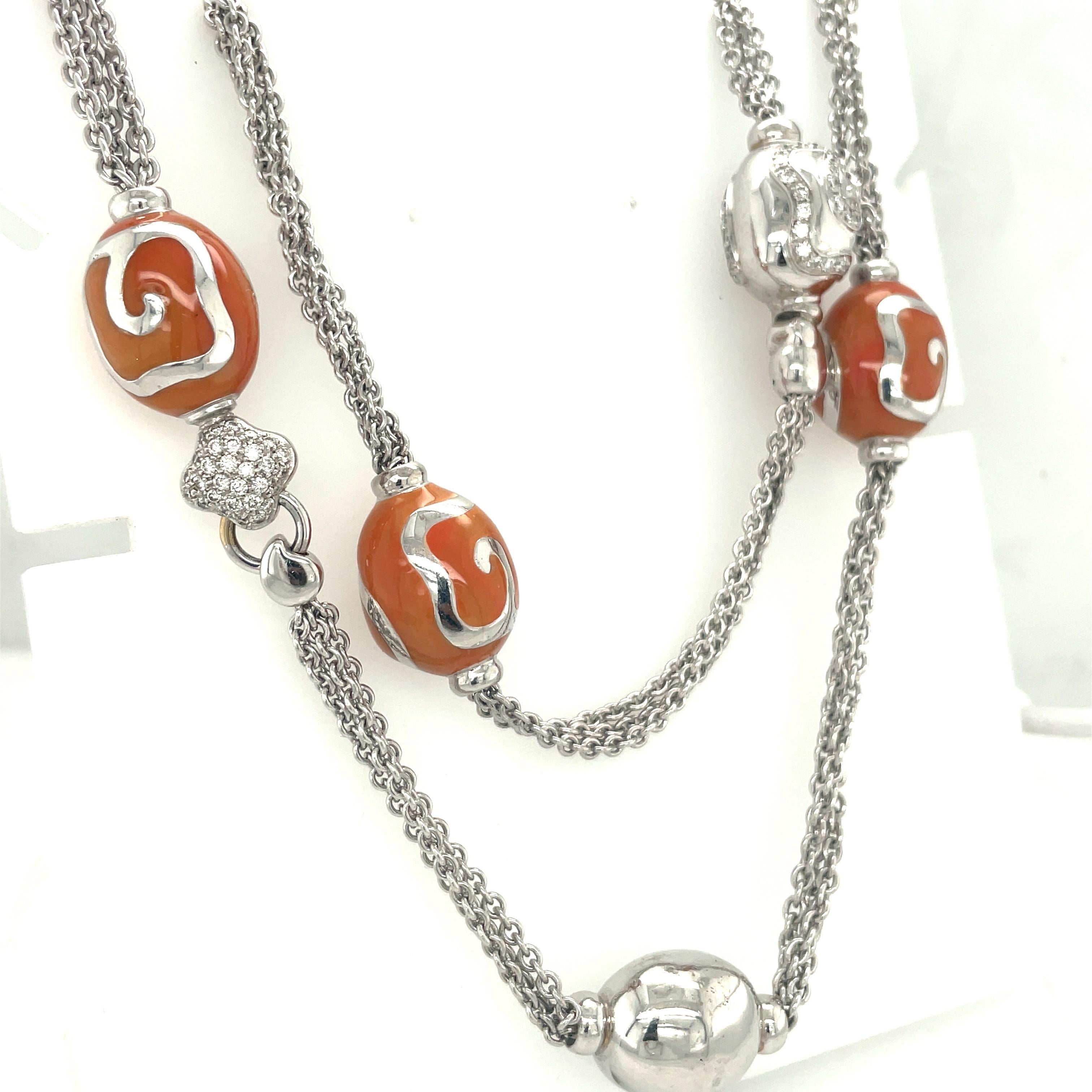 Women's or Men's La Nouvelle Bague 18KT White Gold, Diamond and Peach Enamel Long Necklace