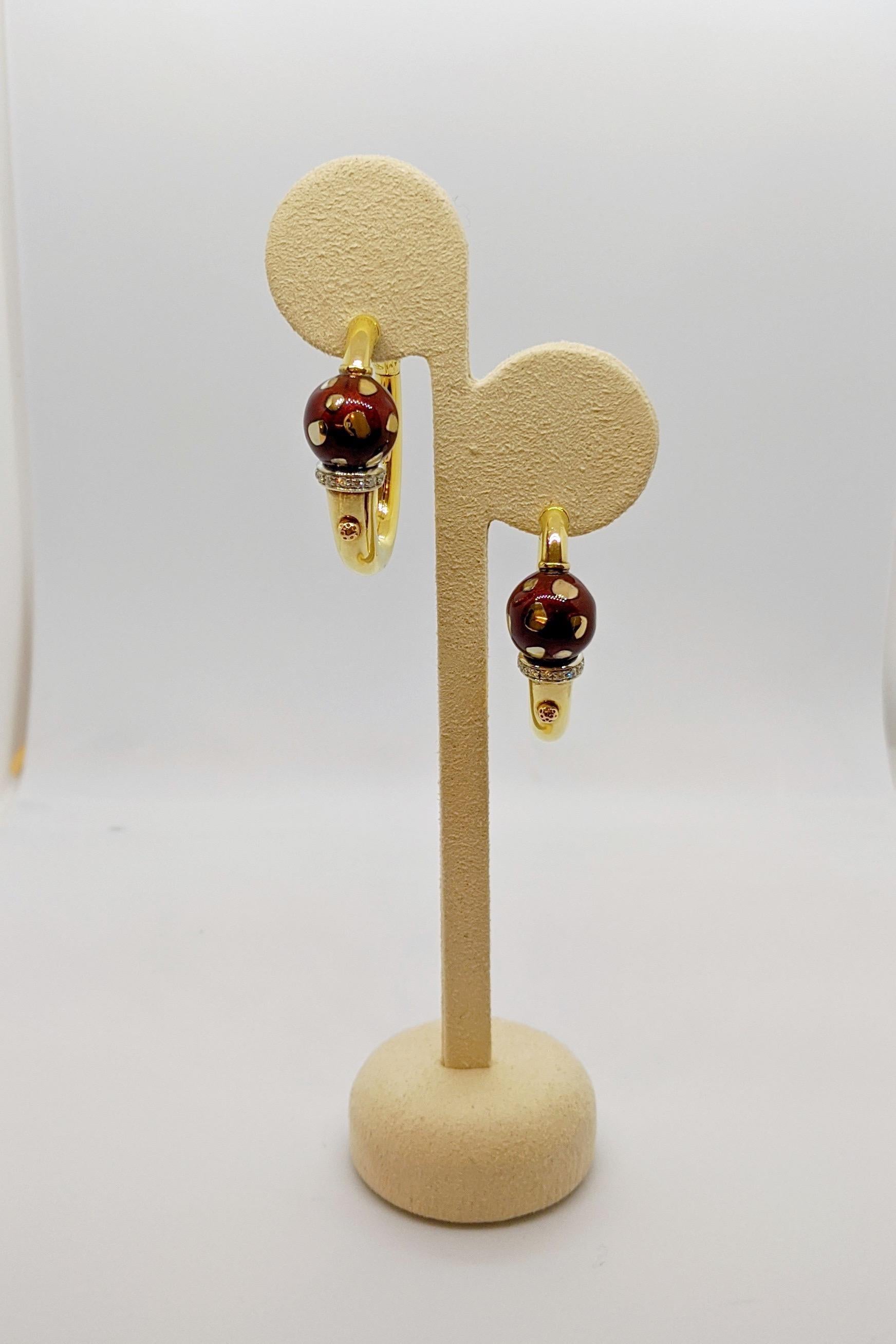 Contemporary La Nouvelle Bague 18KT Yellow Gold Hoop Earrings with Burgundy Enamel & Diamonds For Sale
