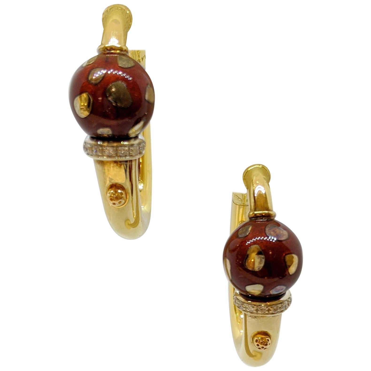 La Nouvelle Bague 18KT Yellow Gold Hoop Earrings with Burgundy Enamel & Diamonds