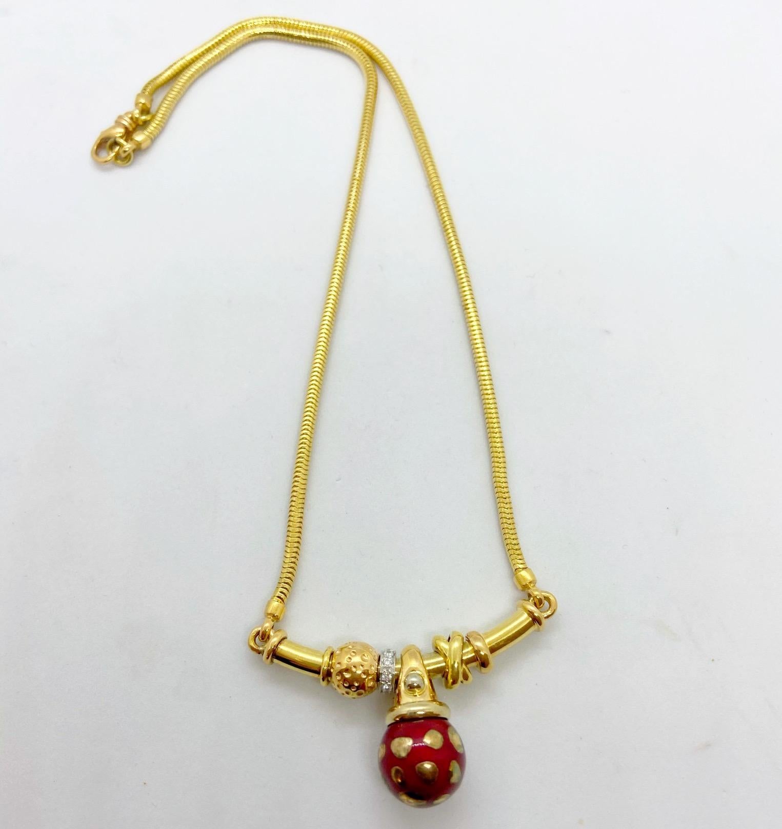 Contemporary La Nouvelle Bague 18 Karat Gold Necklace with Red Enamel Ball and Diamonds