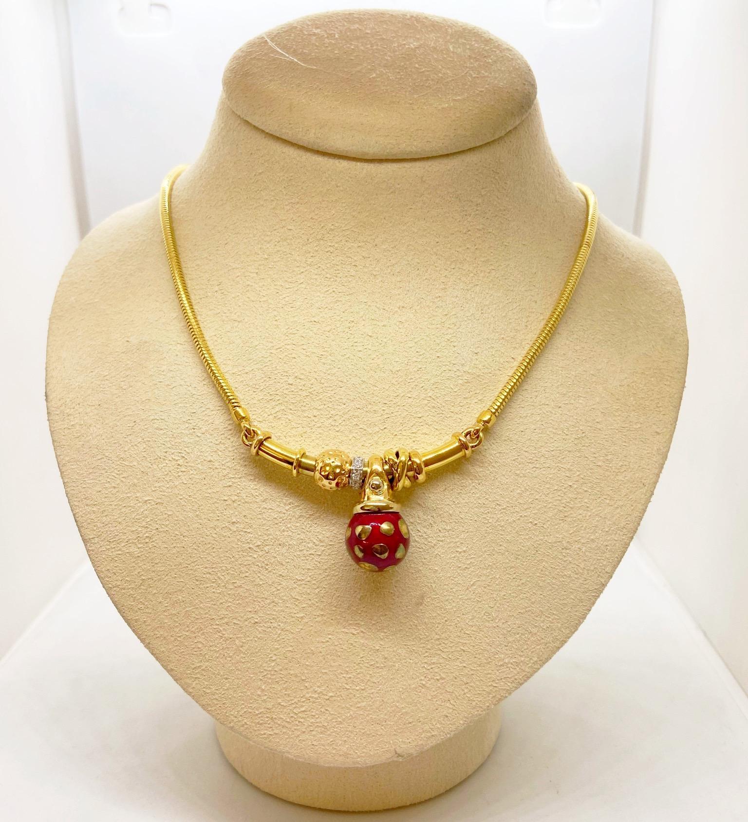 Round Cut La Nouvelle Bague 18 Karat Gold Necklace with Red Enamel Ball and Diamonds