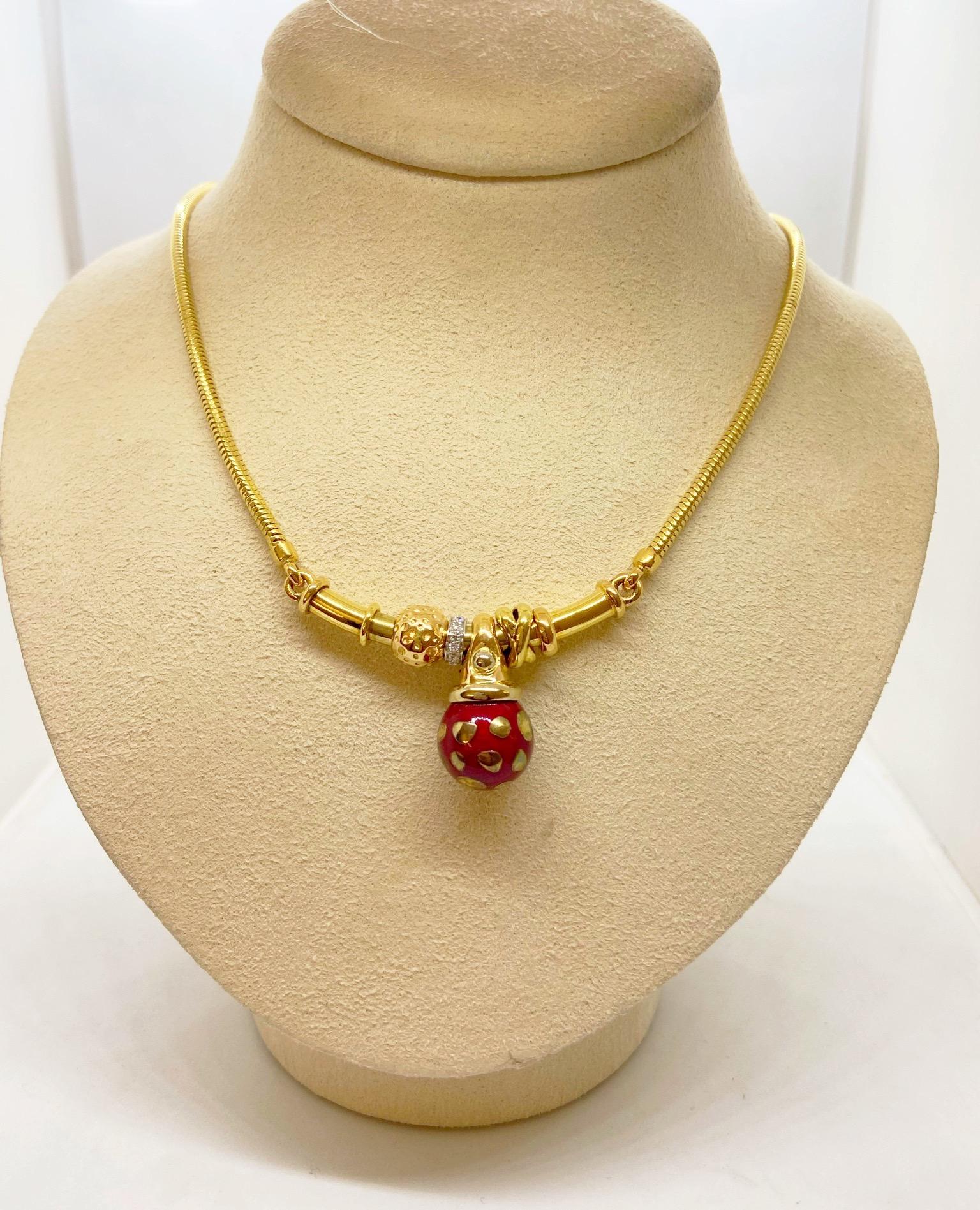 La Nouvelle Bague 18 Karat Gold Necklace with Red Enamel Ball and Diamonds In New Condition In New York, NY