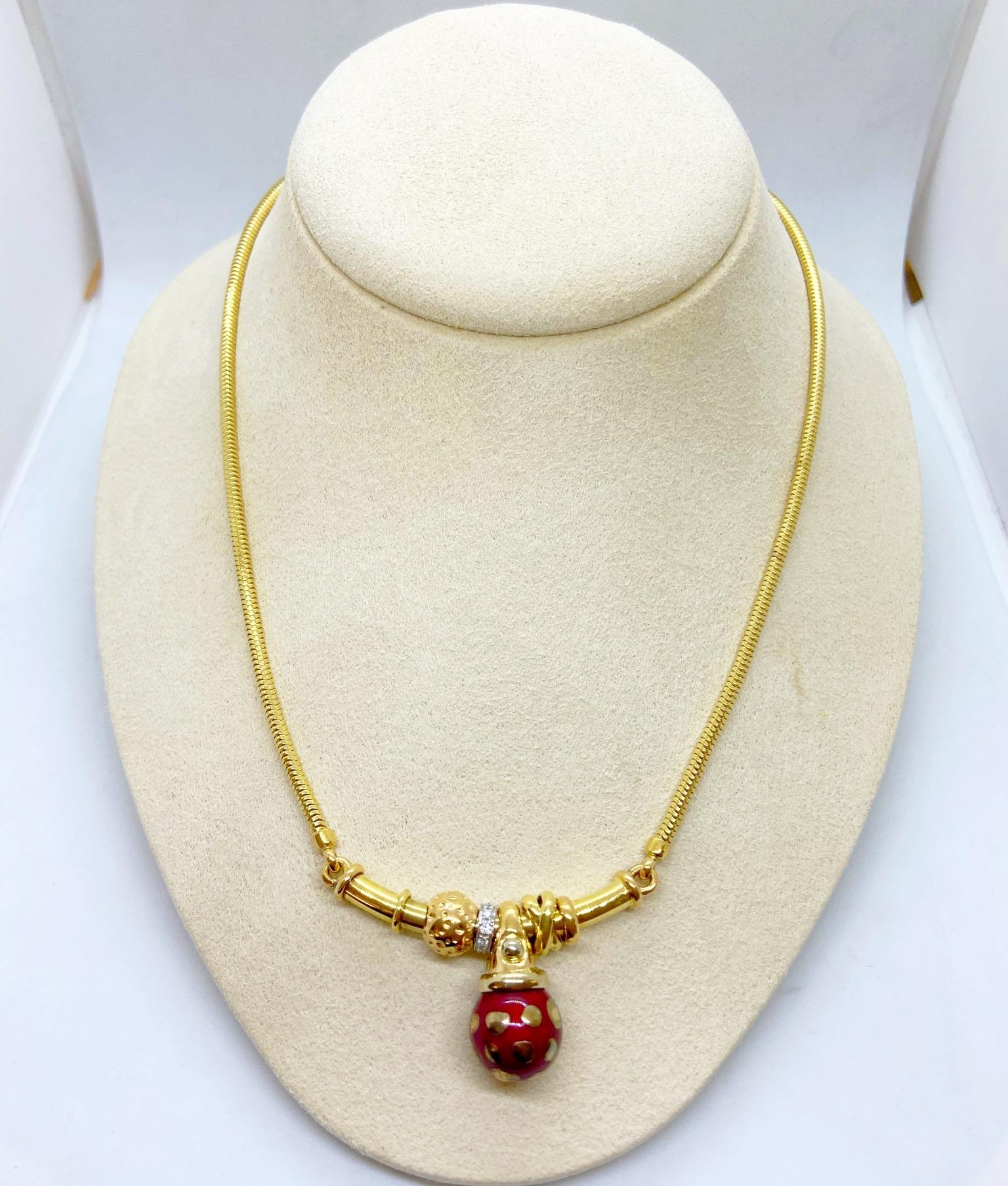Women's or Men's La Nouvelle Bague 18 Karat Gold Necklace with Red Enamel Ball and Diamonds