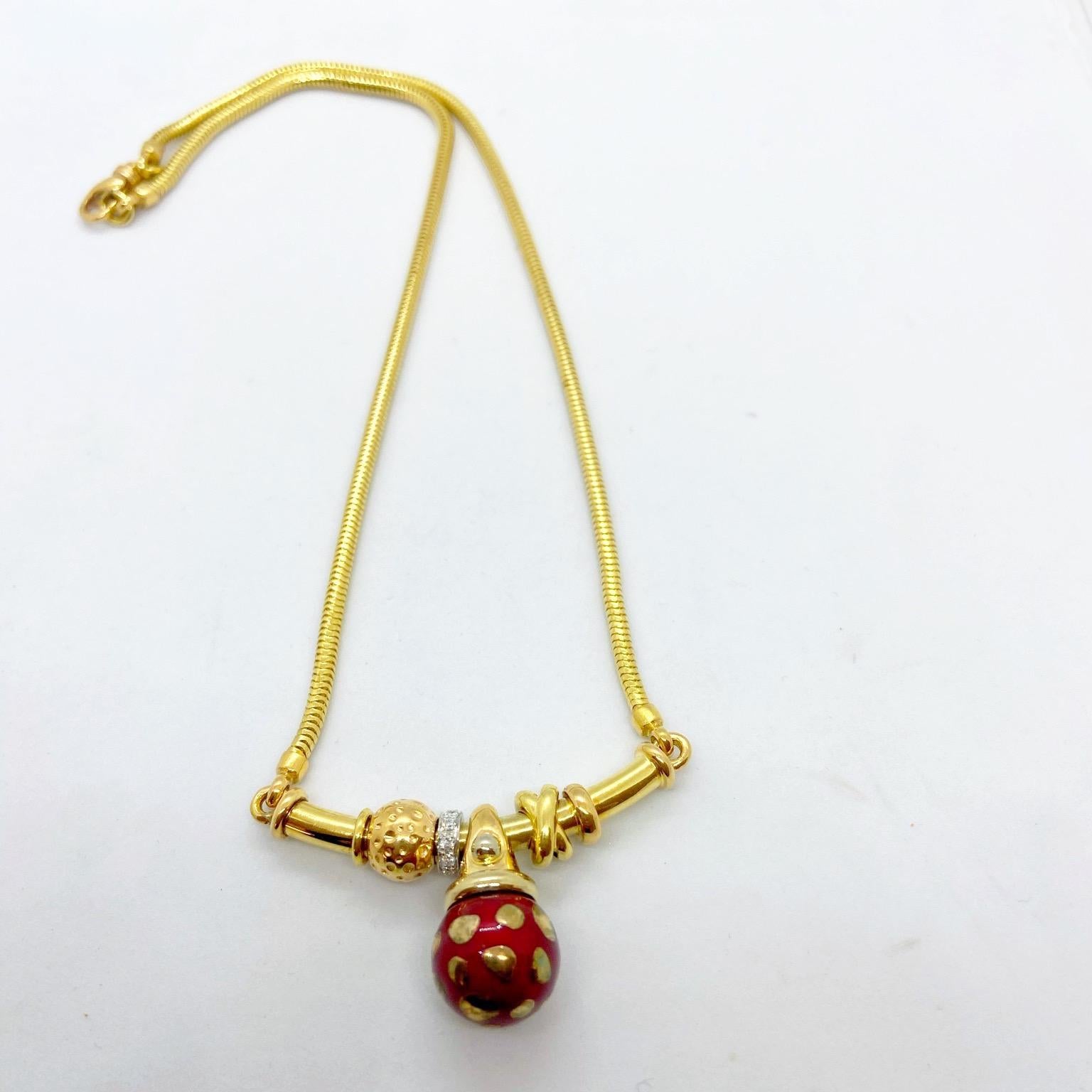 La Nouvelle Bague 18 Karat Gold Necklace with Red Enamel Ball and Diamonds 1