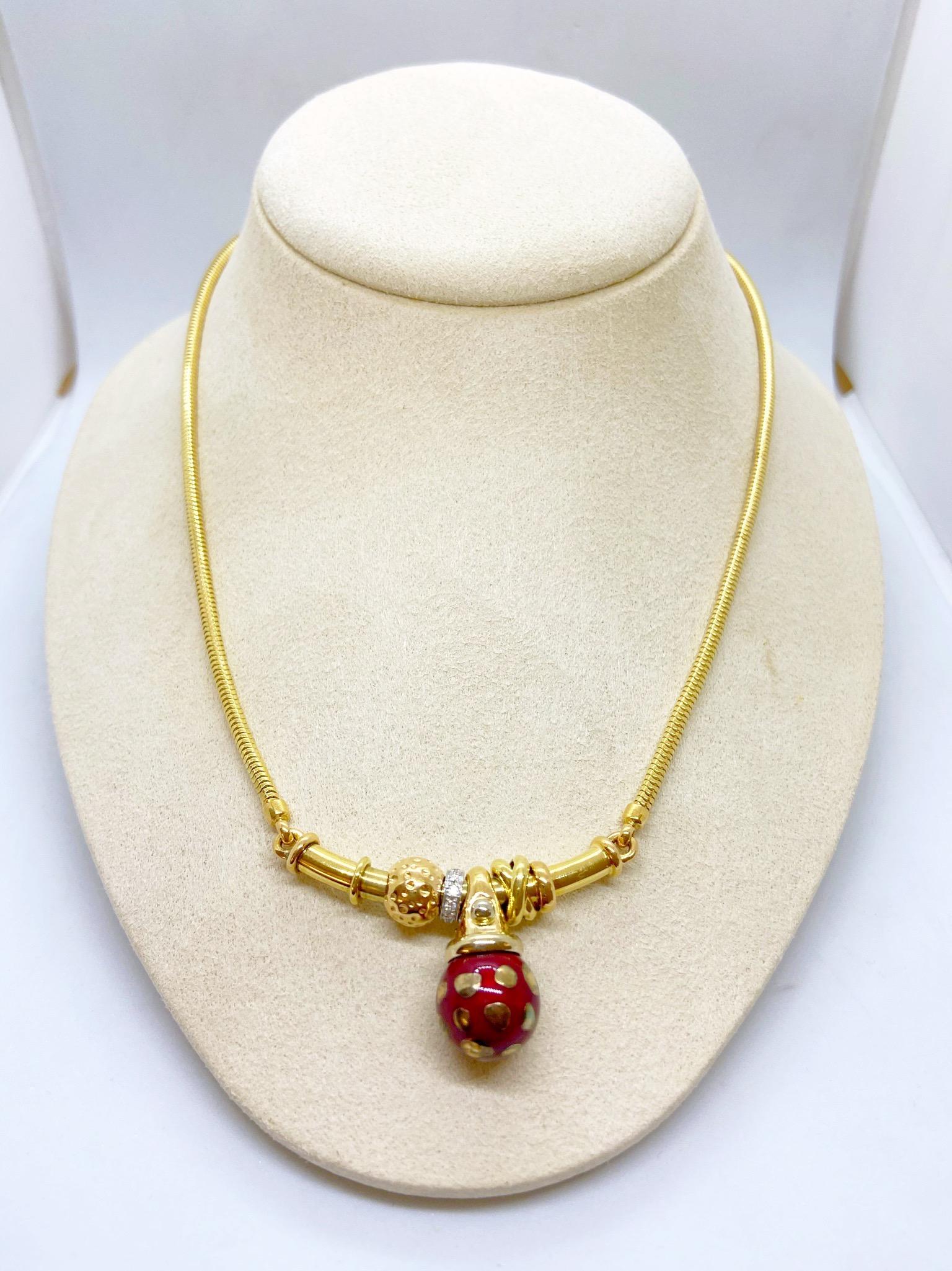 La Nouvelle Bague 18 Karat Gold Necklace with Red Enamel Ball and Diamonds 2