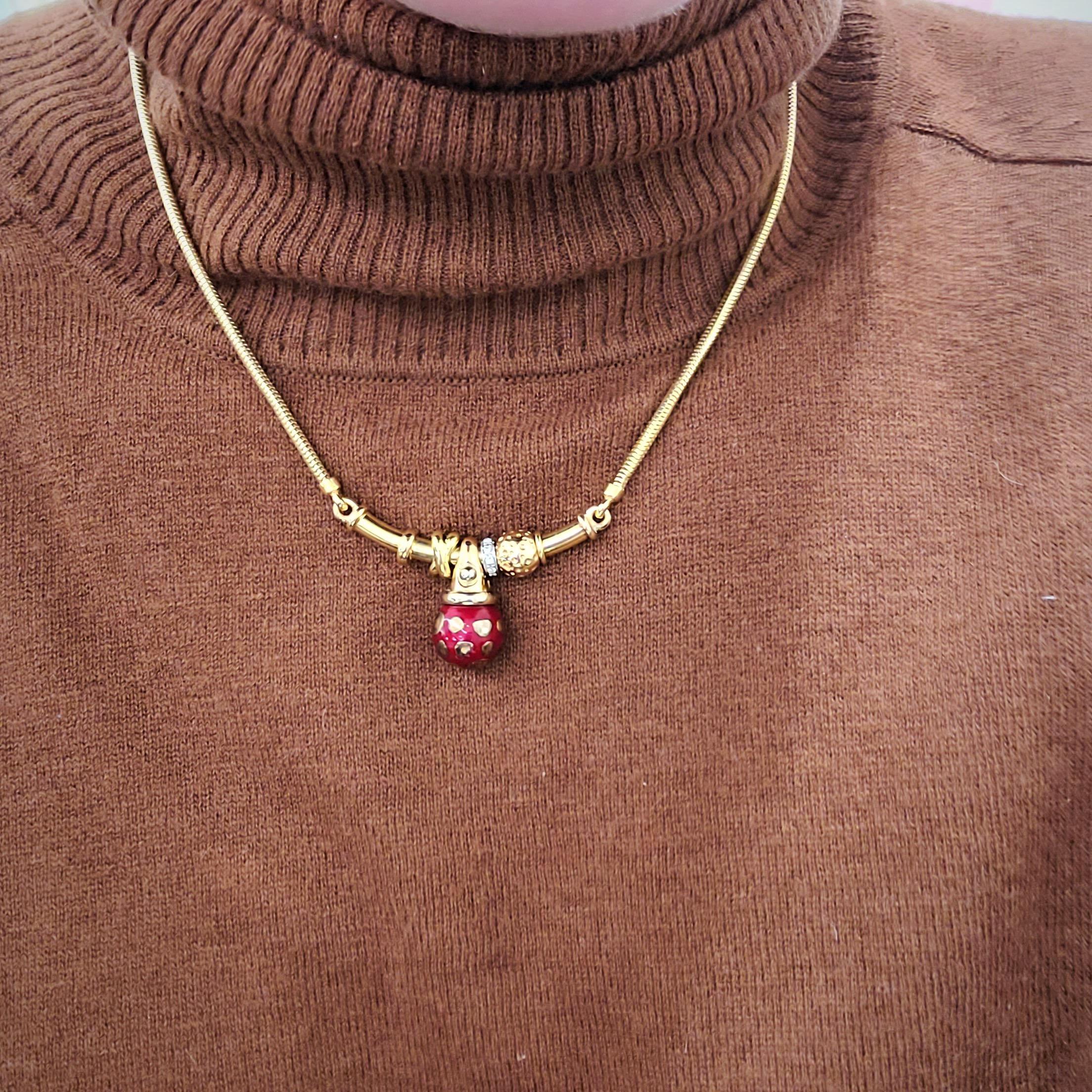 La Nouvelle Bague 18 Karat Gold Necklace with Red Enamel Ball and Diamonds 3