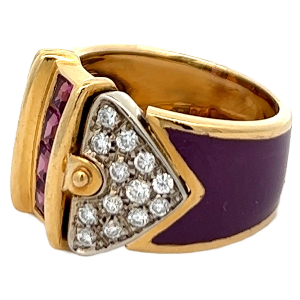 La Nouvelle Bague Amythest Purple Enamel 18k Yellow Gold Belt Buckle Ring In Good Condition In Beverly Hills, CA