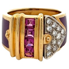 La Nouvelle Bague Amythest Purple Enamel 18k Yellow Gold Belt Buckle Ring