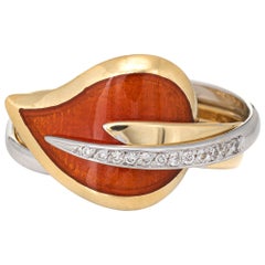 Vintage La Nouvelle Bague Calla Lily Ring Diamond Orange Enamel Estate Jewelry