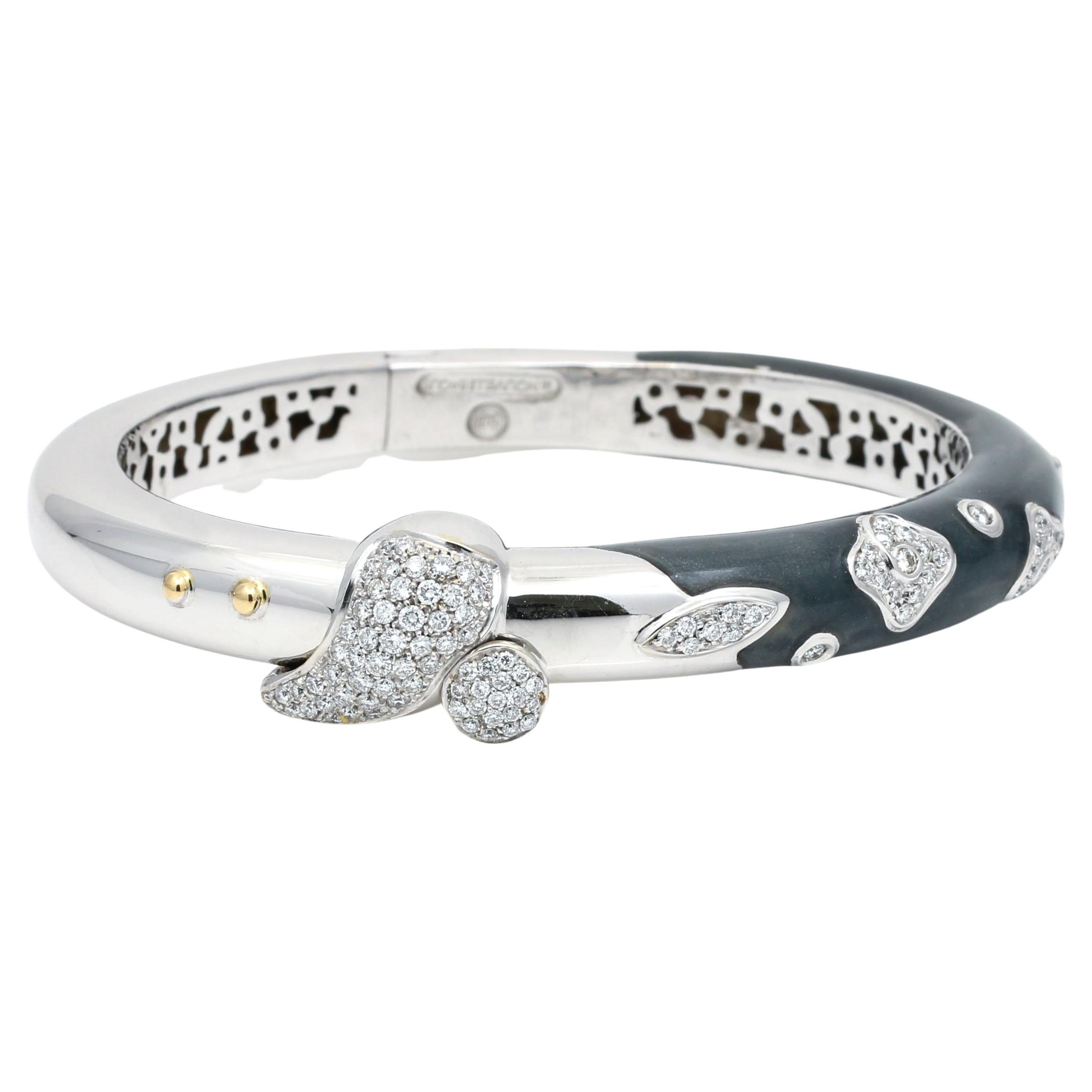 La Nouvelle Bague Diamond 18k White Gold Bangle Bracelet Grey Enamel