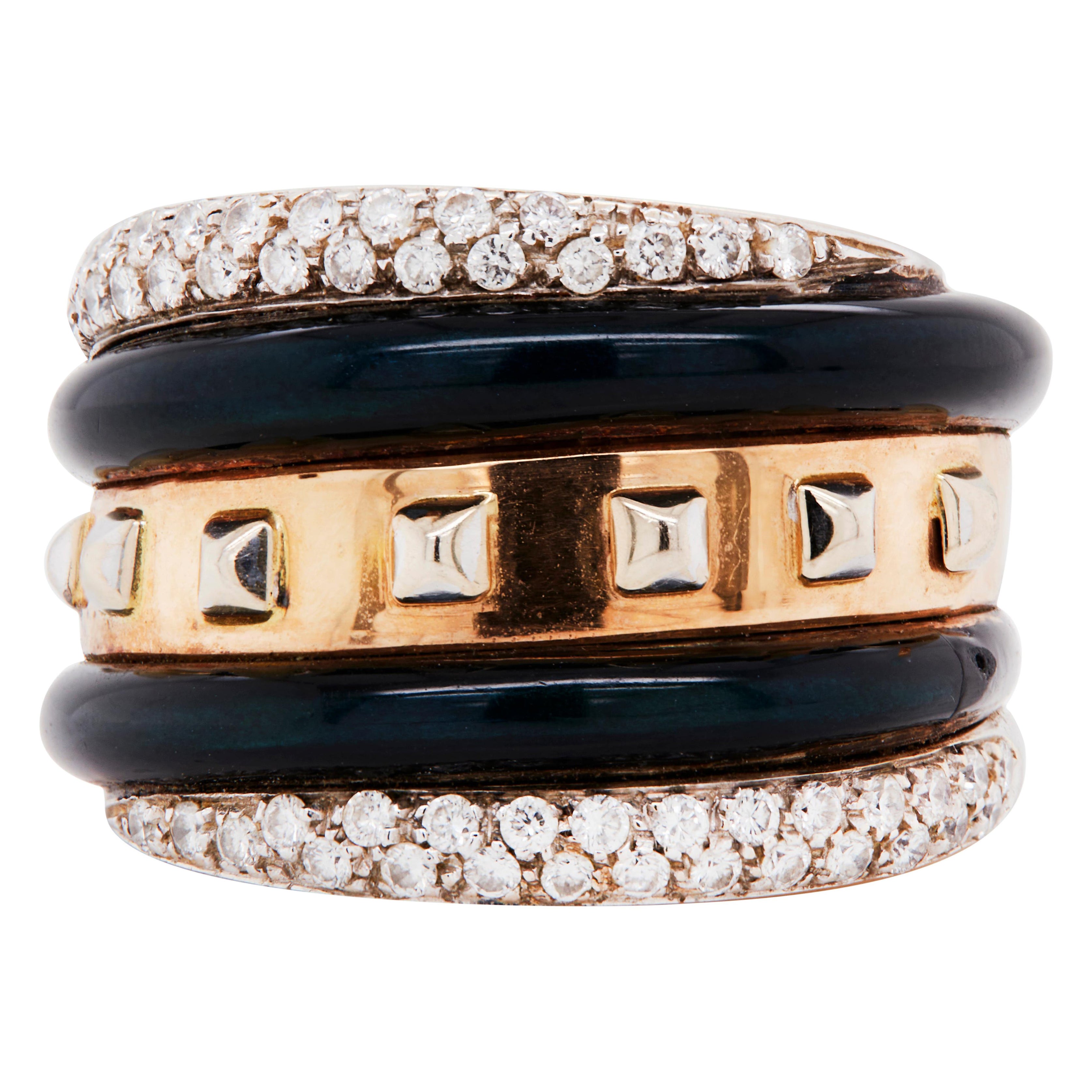La Nouvelle Bague Diamond & Black Enamel 18 Carat Gold Wide Band Cocktail Ring