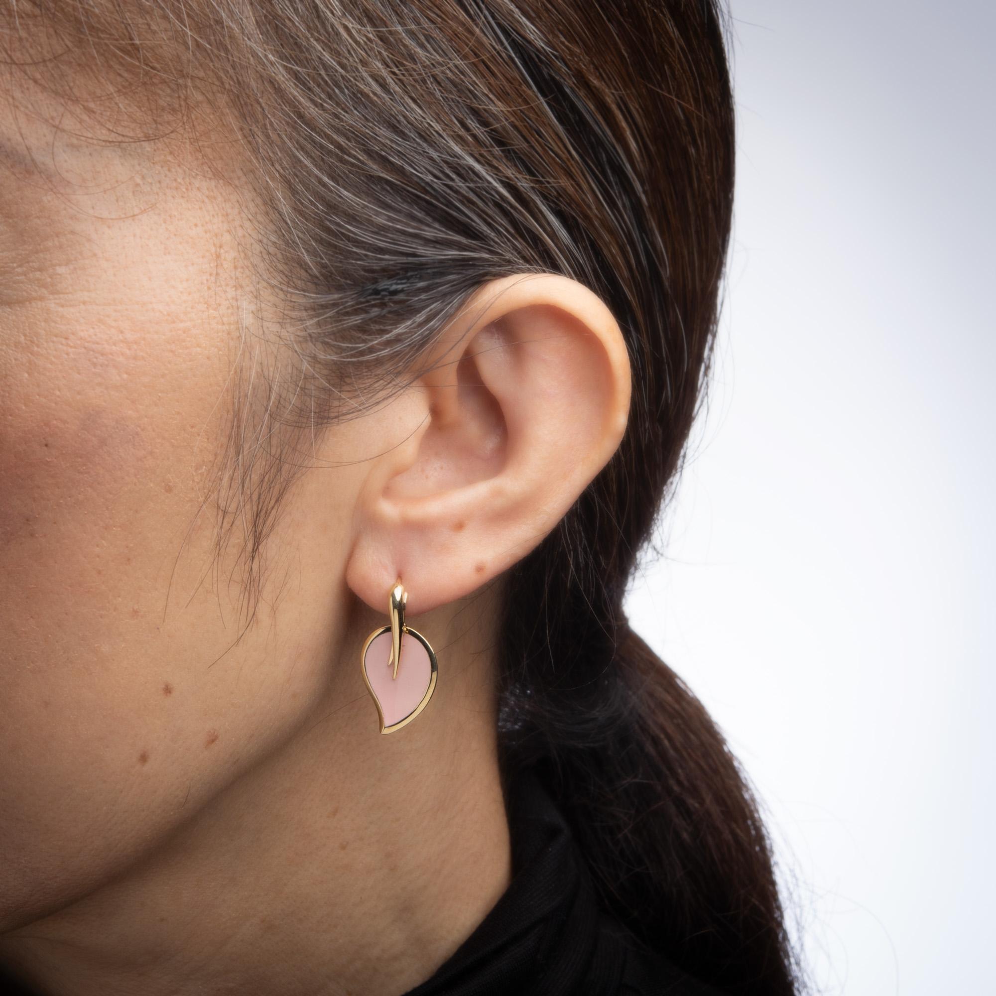 Modern La Nouvelle Bague Earrings Pink Enamel Leaf Estate 18 Karat Gold Fine Jewelry