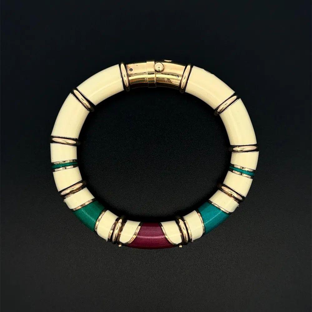 Simply Beautiful! Iconic LA NOUVELLE BAGUE White, Plum and Green Enamel 18K Yellow Gold and Steel Tube Statement Vintage Bangle Bracelet. Hand crafted in 18K Yellow Gold and Steel. Opening for convenient slipping off and on. More Beautiful in Real