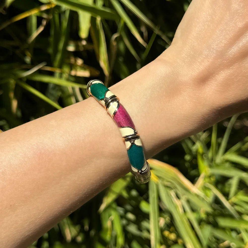 Modernist LA NOUVELLE BAGUE Enamel Gold and Steel Vintage Tube Statement Bangle Bracelet For Sale
