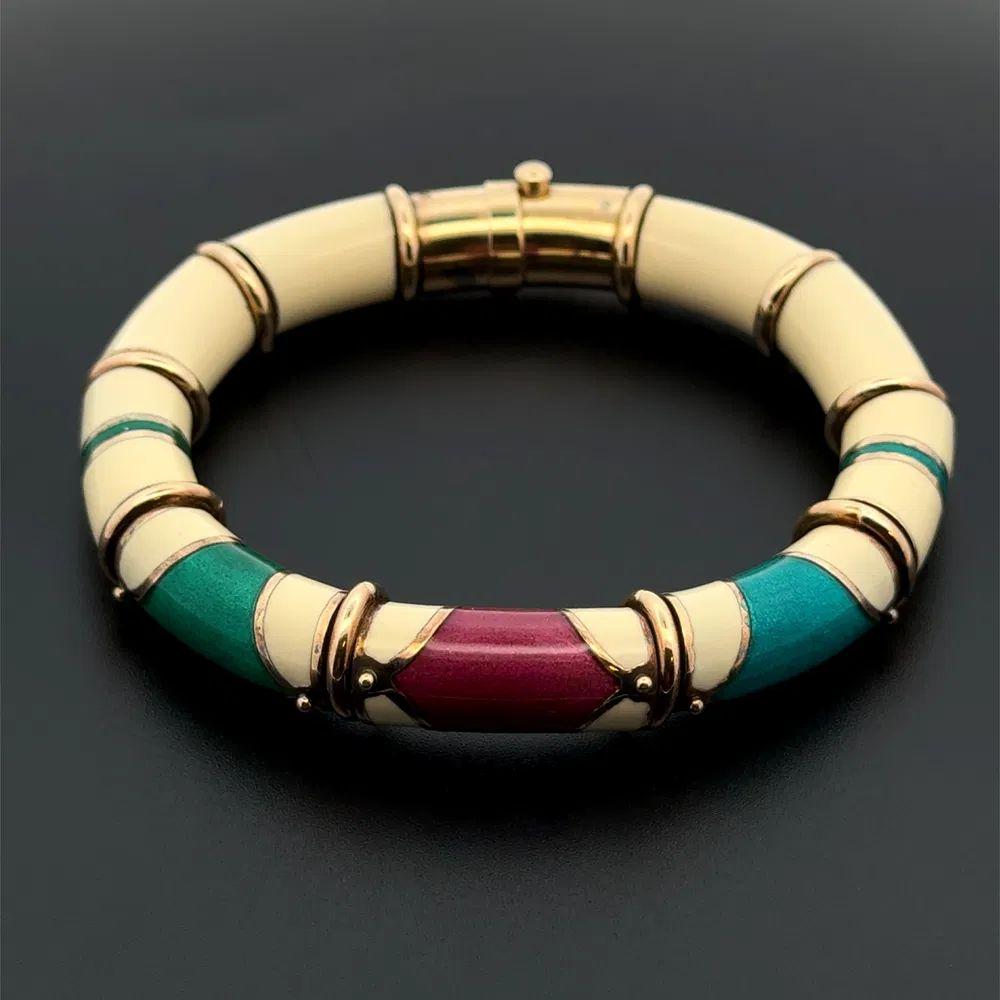 LA NOUVELLE BAGUE Enamel Gold and Steel Vintage Tube Statement Bangle Bracelet In Excellent Condition For Sale In Montreal, QC