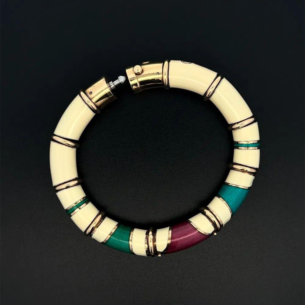 Women's LA NOUVELLE BAGUE Enamel Gold and Steel Vintage Tube Statement Bangle Bracelet For Sale