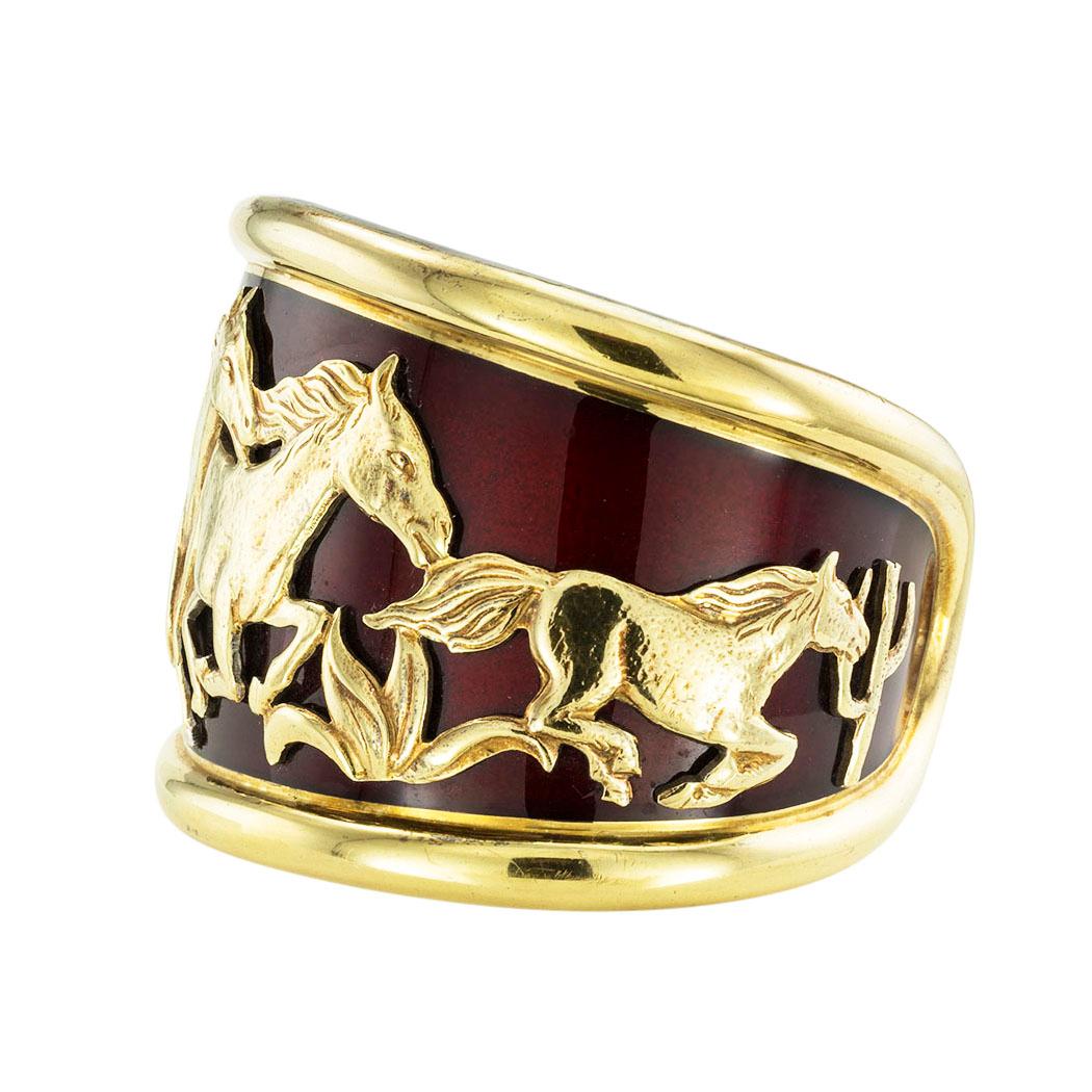 La Nouvelle Bague enamel yellow gold and sterling silver equestrian cuff bracelet. *

ABOUT THIS ITEM:  #B-DJ69i. Scroll down for detailed specifications.  This remarkable work of art has no difficulty getting attention.  The four horses running at