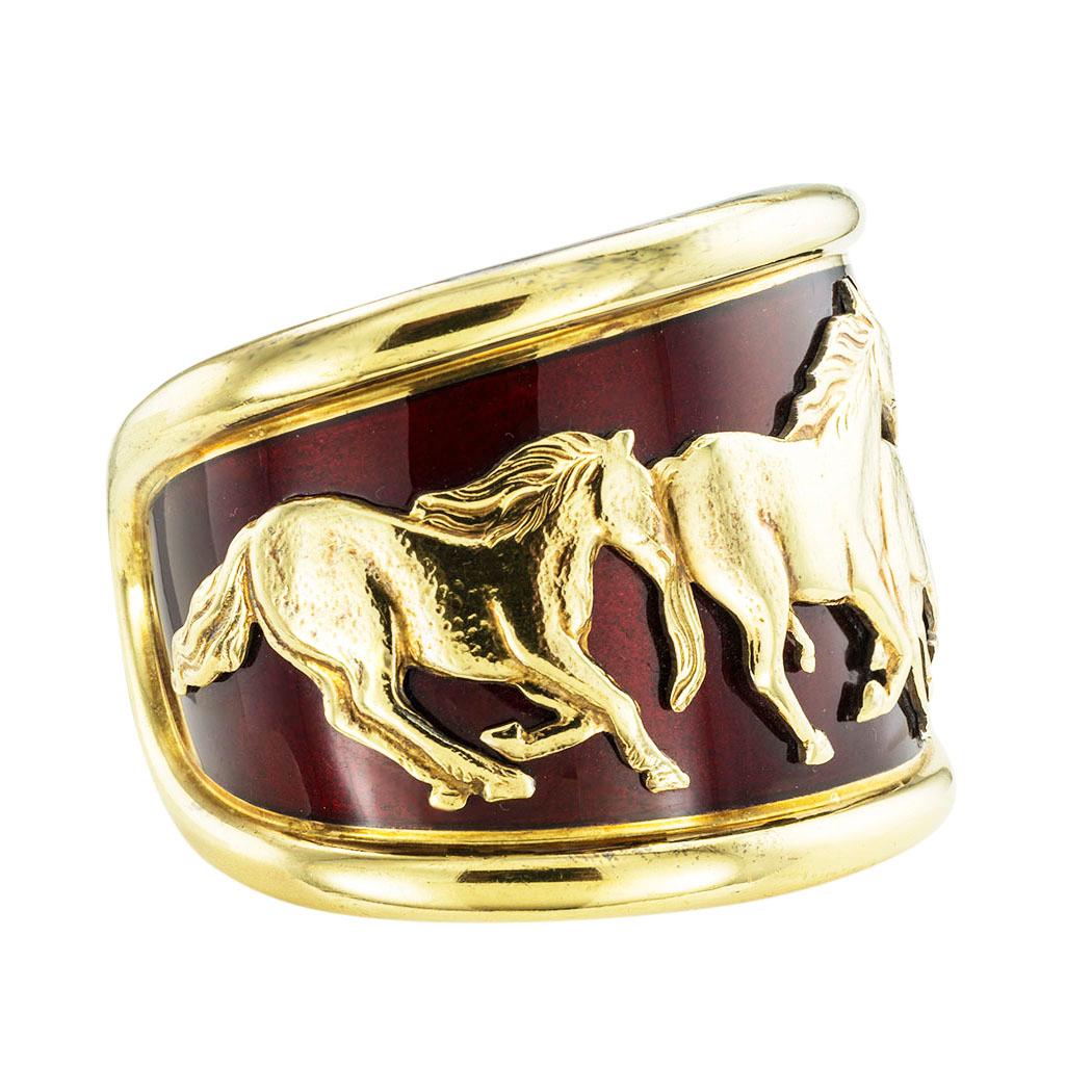 Contemporary La Nouvelle Bague Equestrian Enamel Gold Sterling Cuff Bracelet