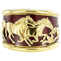 Vintage La Nouvelle Bague Equestrian Enamel Gold Sterling Cuff Bracelet