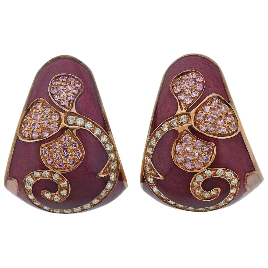 La Nouvelle Bague Gold Diamond Pink Sapphire Enamel Half Hoop Earrings