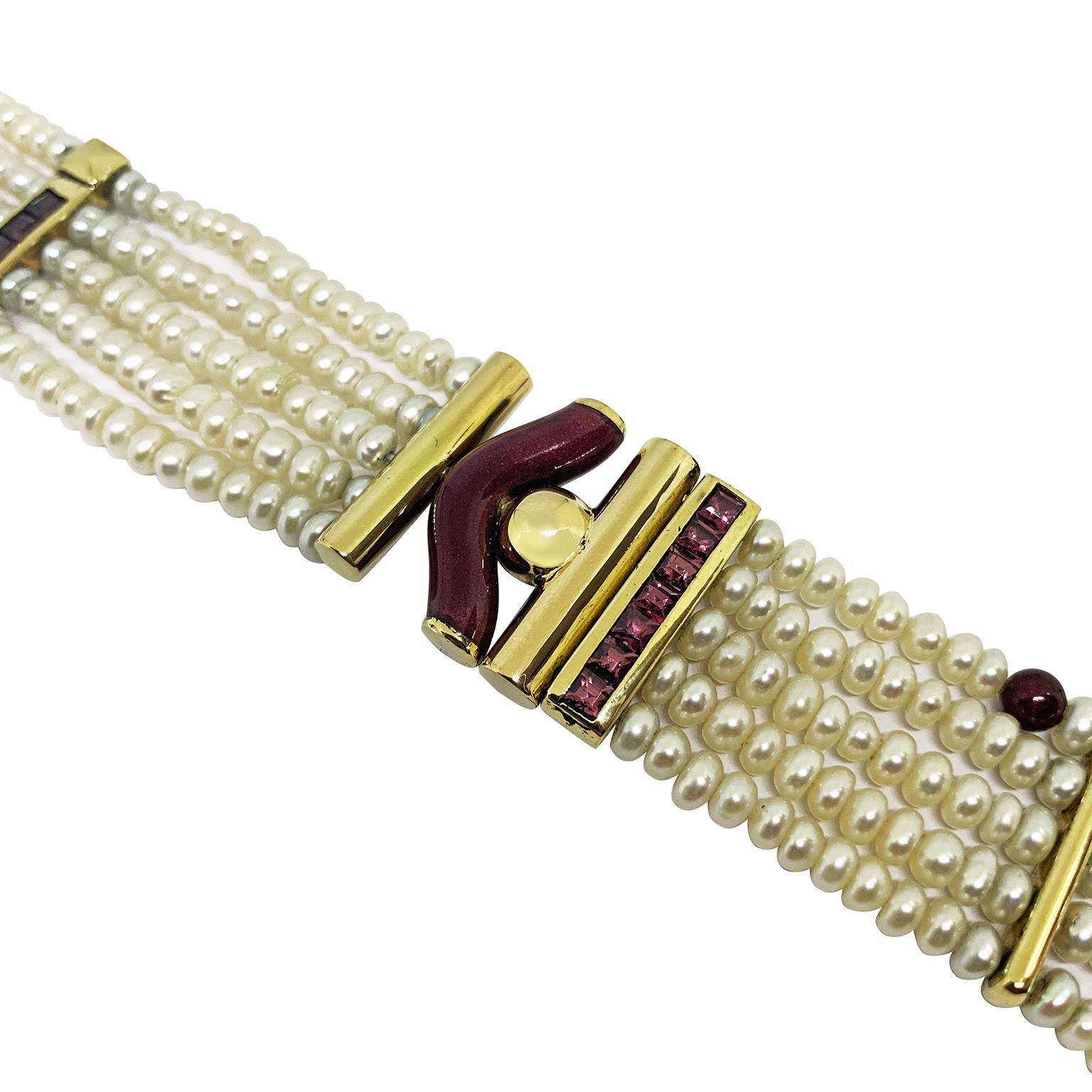 Art Deco La Nouvelle Bague Japanese Pearl Bracelet 18 Karat Gold and Red Enameled