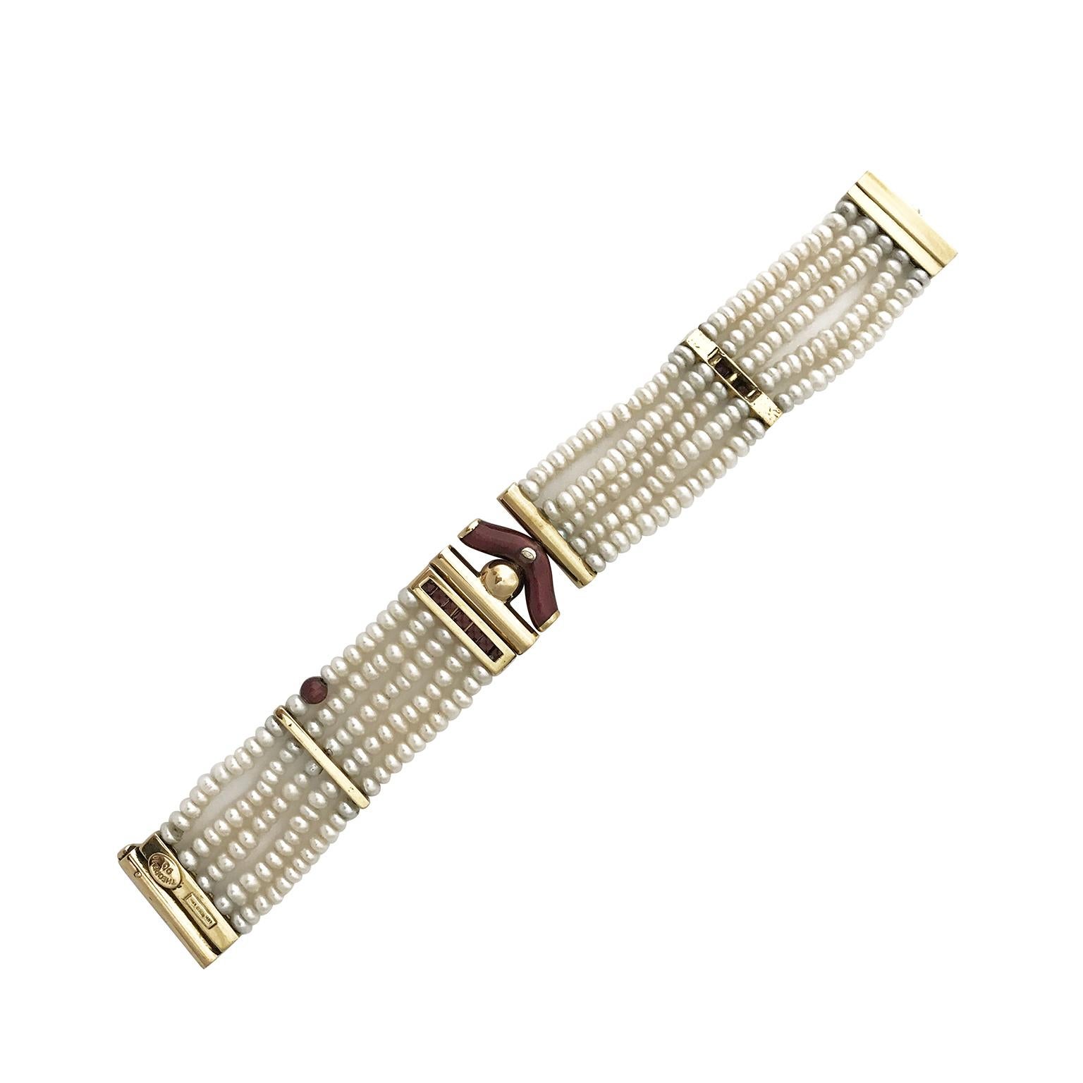 Women's or Men's La Nouvelle Bague Japanese Pearl Bracelet 18 Karat Gold and Red Enameled