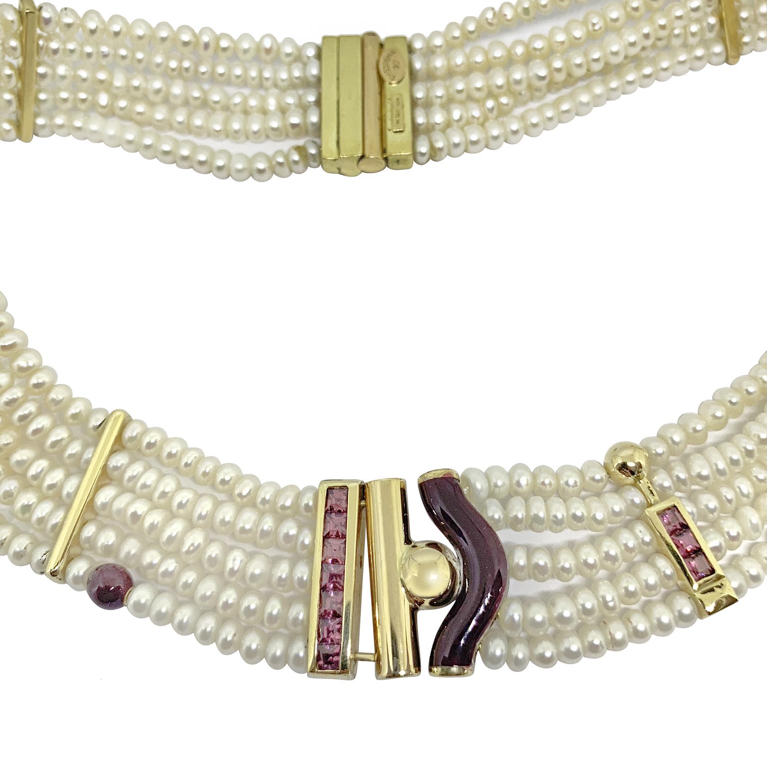 La nouvelle baugue necklace in Japanese pearls 18 kt gold and silver, red enameled whit pink tormaline


Matching bracelet available