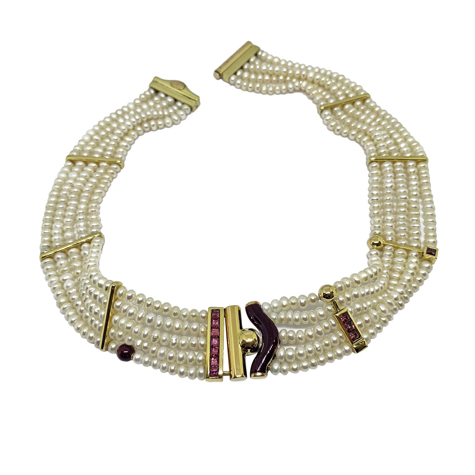 Art Deco La Nouvelle Bague Necklace in Japanese Pearls 18 Karat Gold and Pink Tormaline