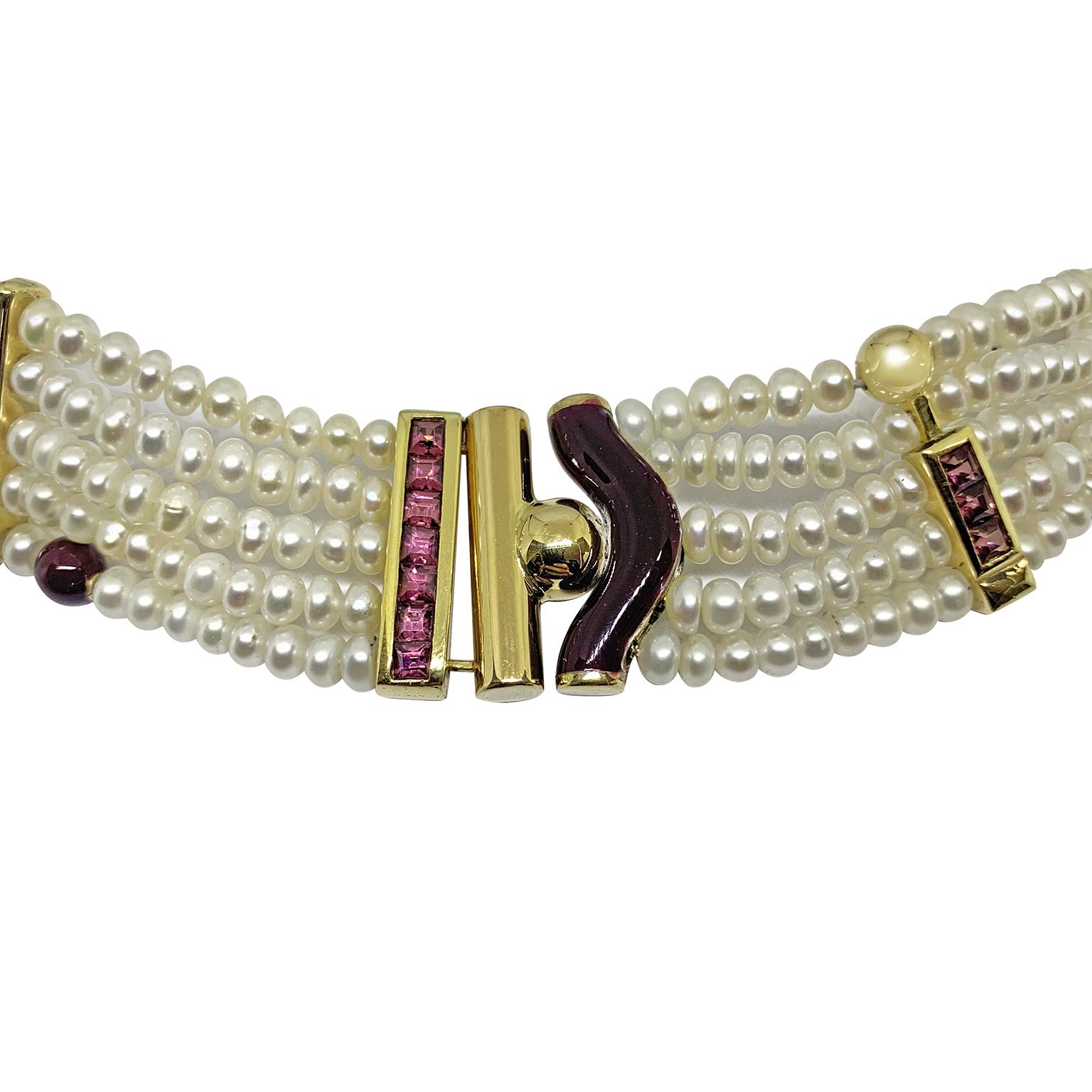 La Nouvelle Bague Necklace in Japanese Pearls 18 Karat Gold and Pink Tormaline In New Condition In Milano, Lombardia