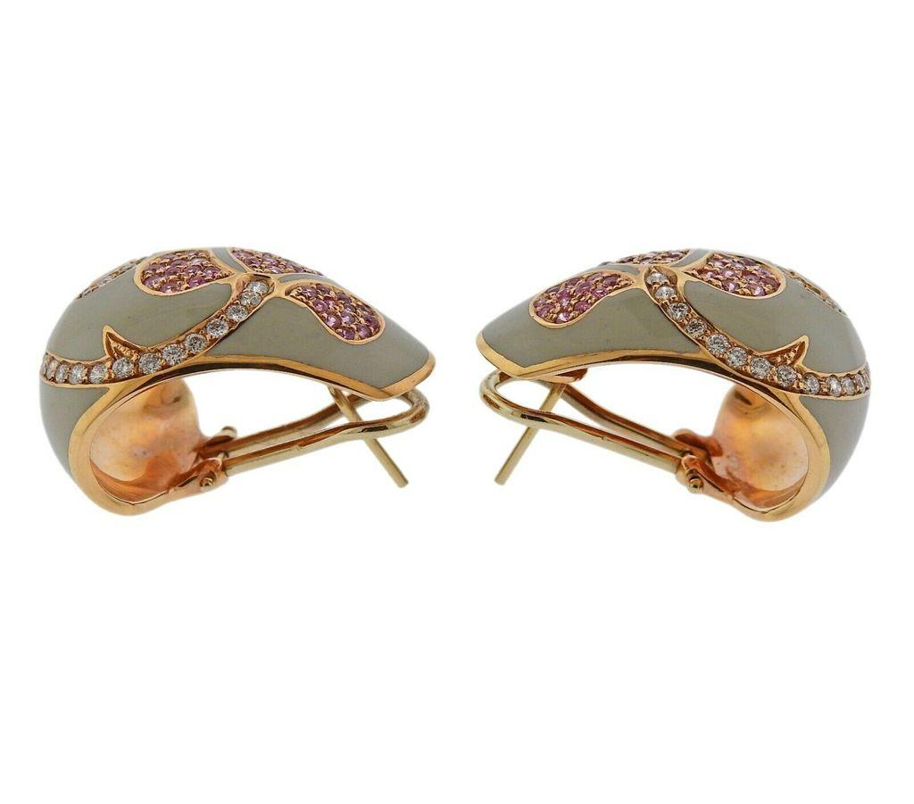 Pair of 18k rose gold La Nouvelle Bague enamel earrings with 0.78ctw pink sapphires and 0.57ctw in GH/VS diamonds.
 Brand new, Store sample. 
Earrings are 26mm x 20mm. Weight is 15.4 grams. Marked LNB, 750, 18Kt, Italian mark. 