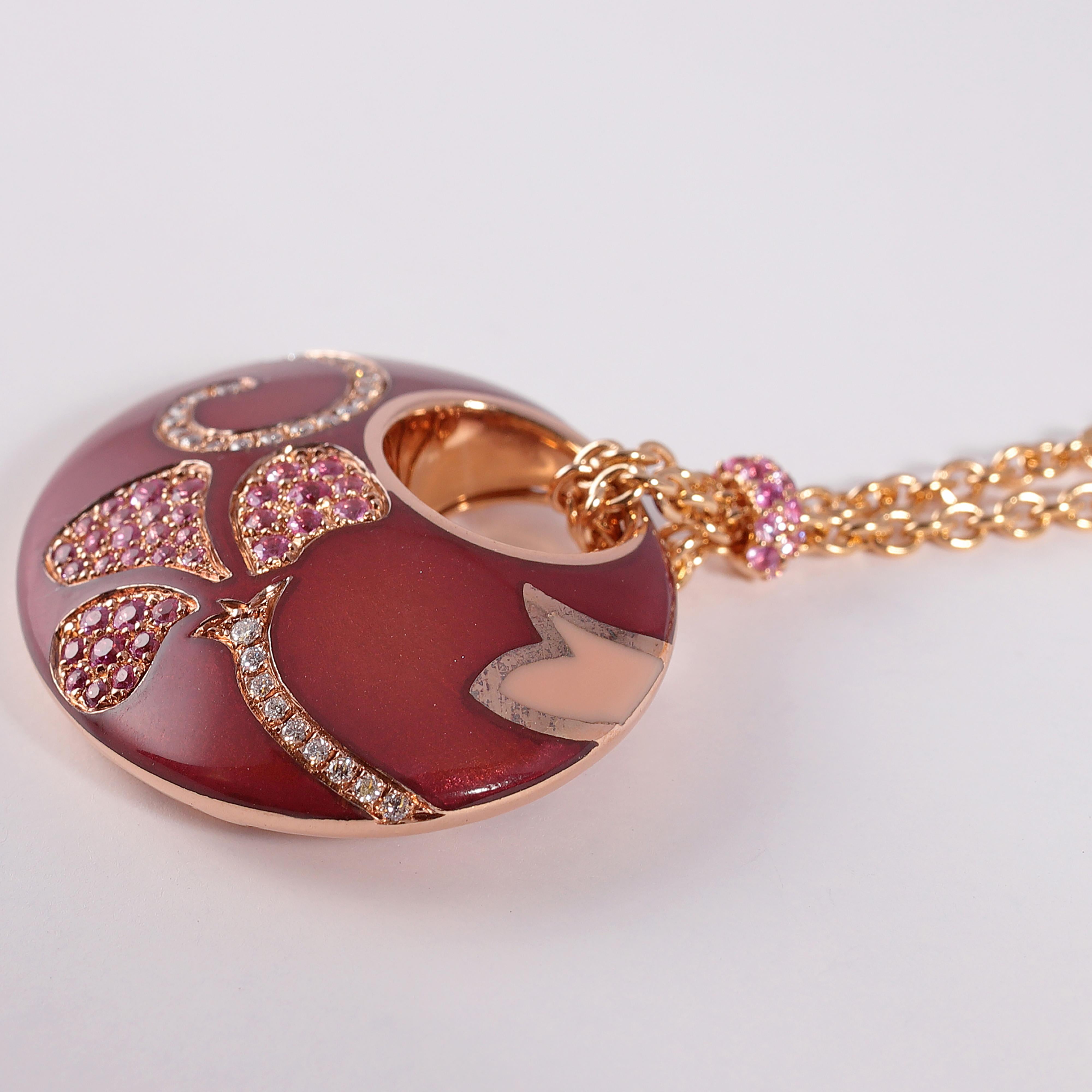 Round Cut La Nouvelle Bague Rose Gold Pink Sapphire Diamond Enamel Necklace