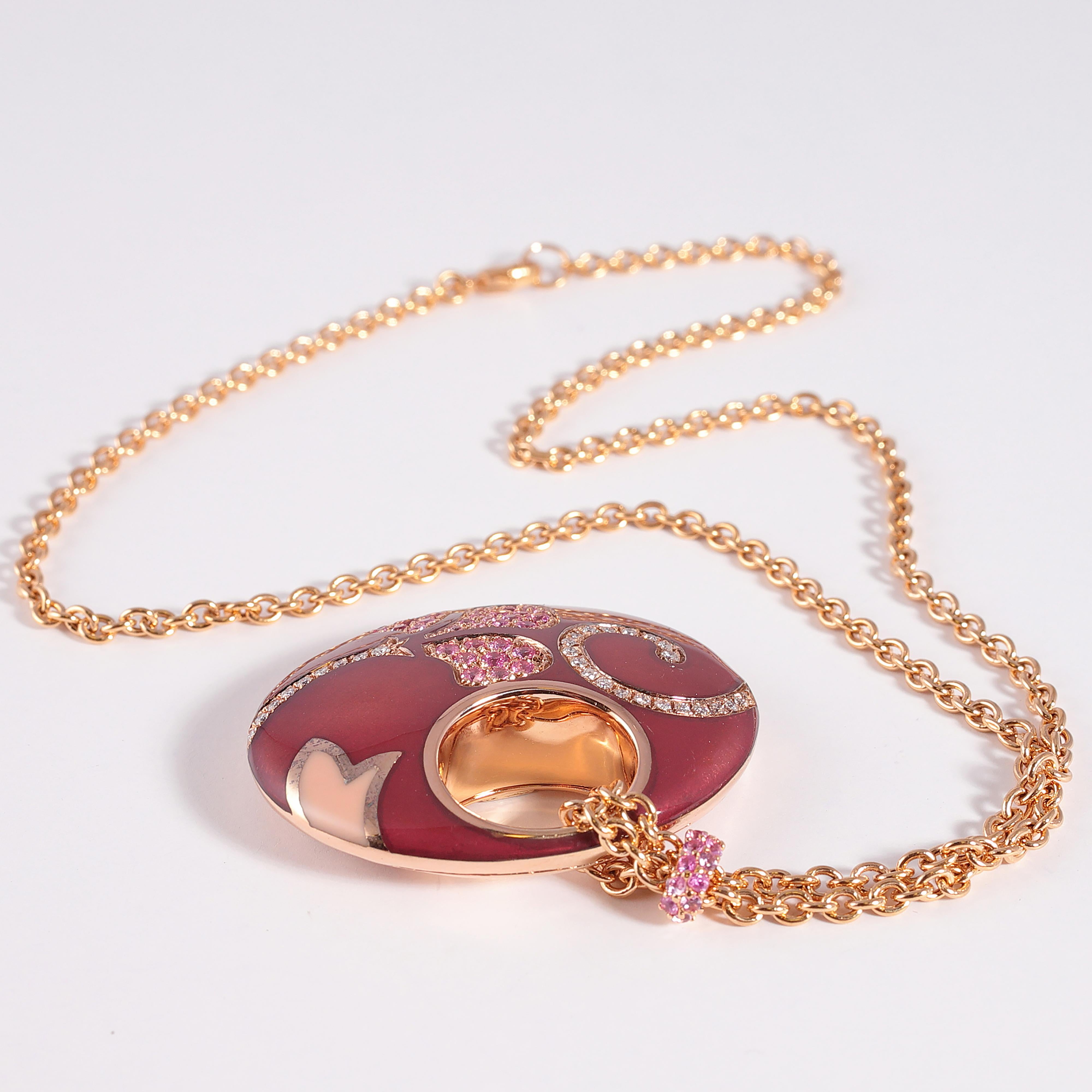 Women's or Men's La Nouvelle Bague Rose Gold Pink Sapphire Diamond Enamel Necklace