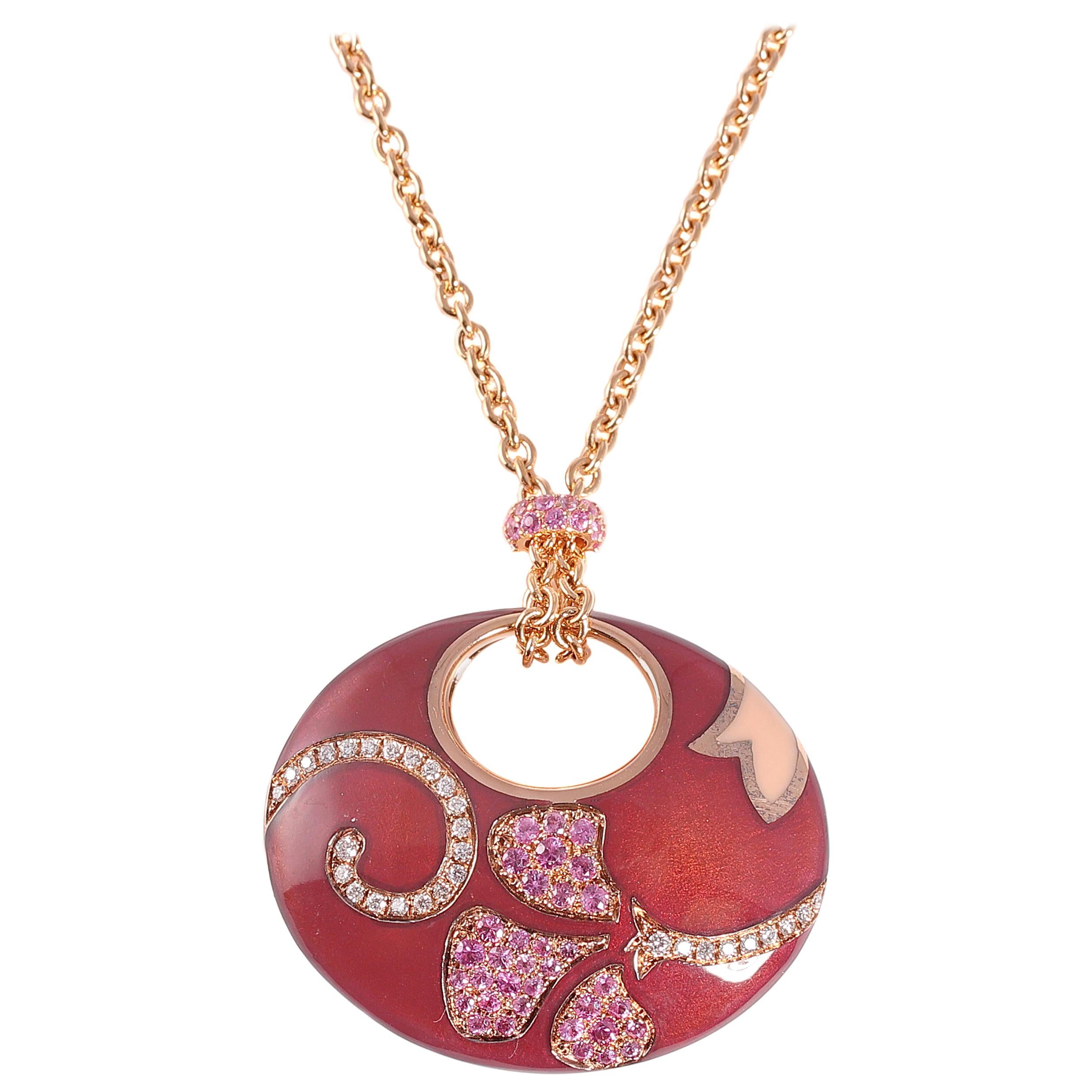 La Nouvelle Bague Rose Gold Pink Sapphire Diamond Enamel Necklace