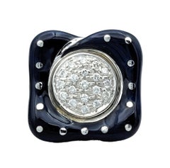La Nouvelle Bague Round Diamond Cluster Square Blue Enamel Ring in 18 Karat Gold