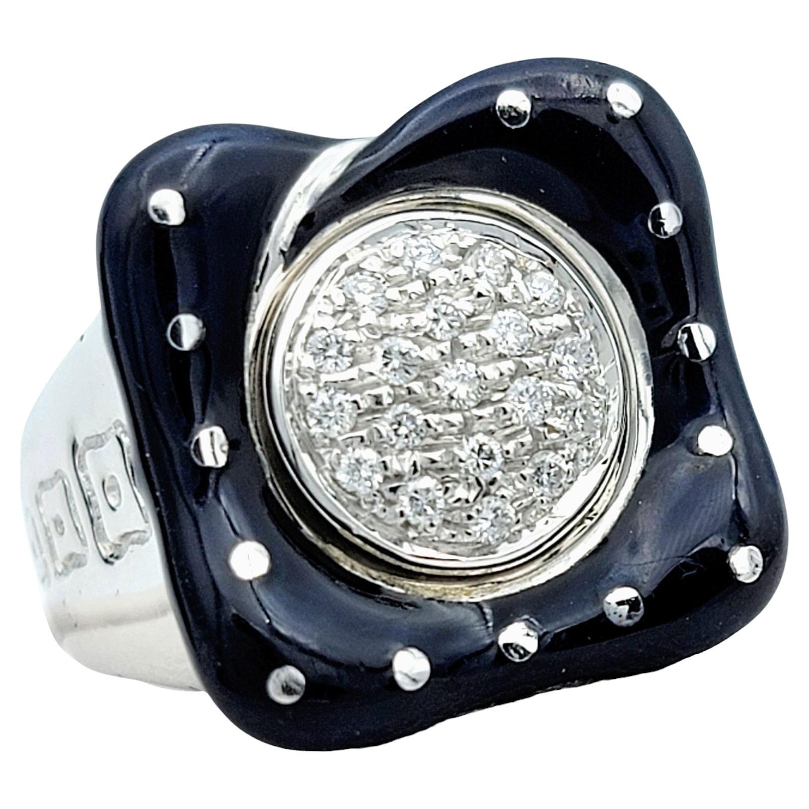 La Nouvelle Bague Round Diamond Cluster Square Blue Enamel Ring in 18 Karat Gold For Sale