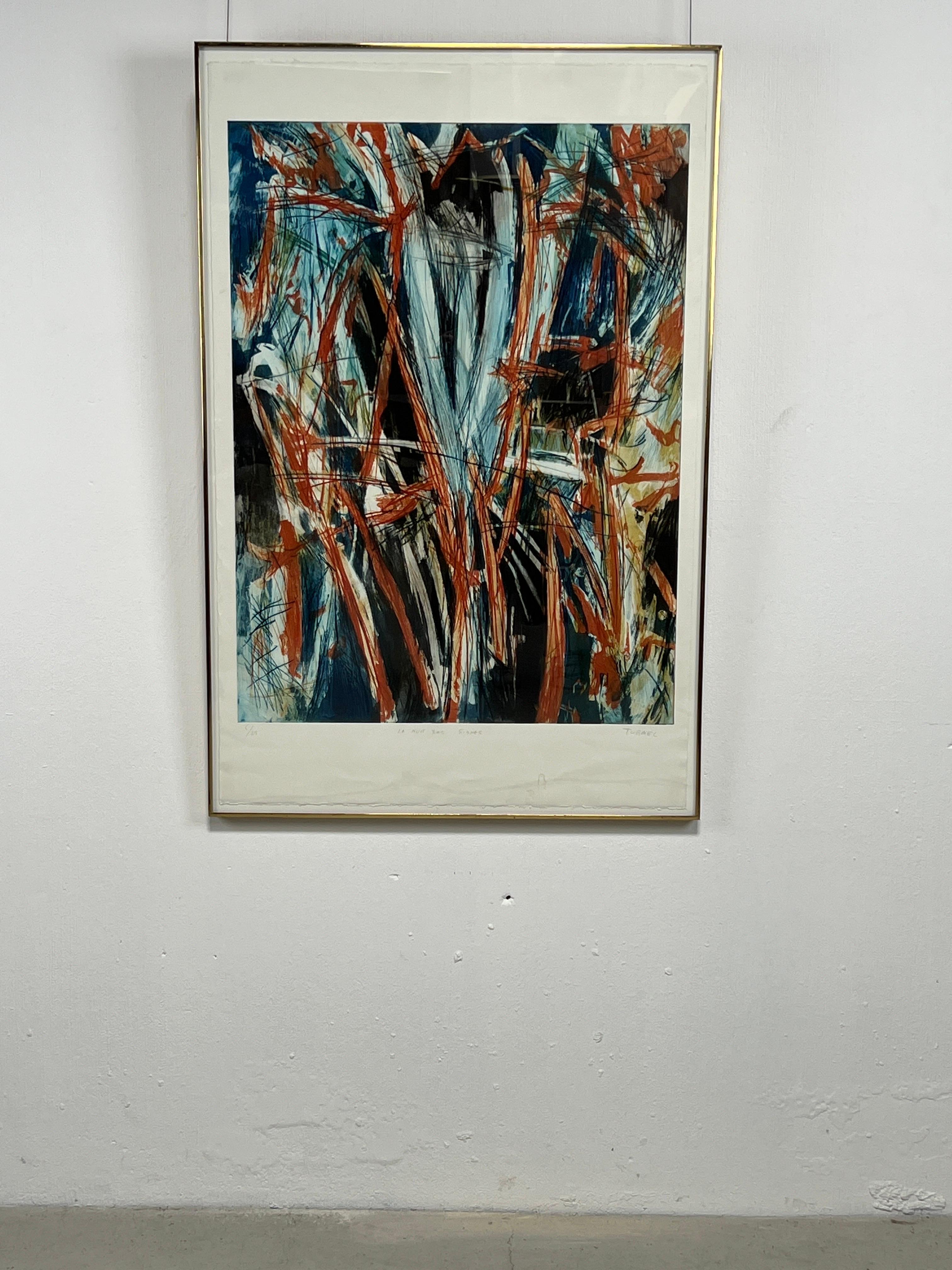 Energetic, 1988 gravure créée par le peintre, sculpteur et photographe français Jean-Paul Turmel, (né en 1954). En utilisant de grands traits, Turmel traduit son amour des trois dimensions en un format abstrait bidimensionnel.
Crayon signé et édité