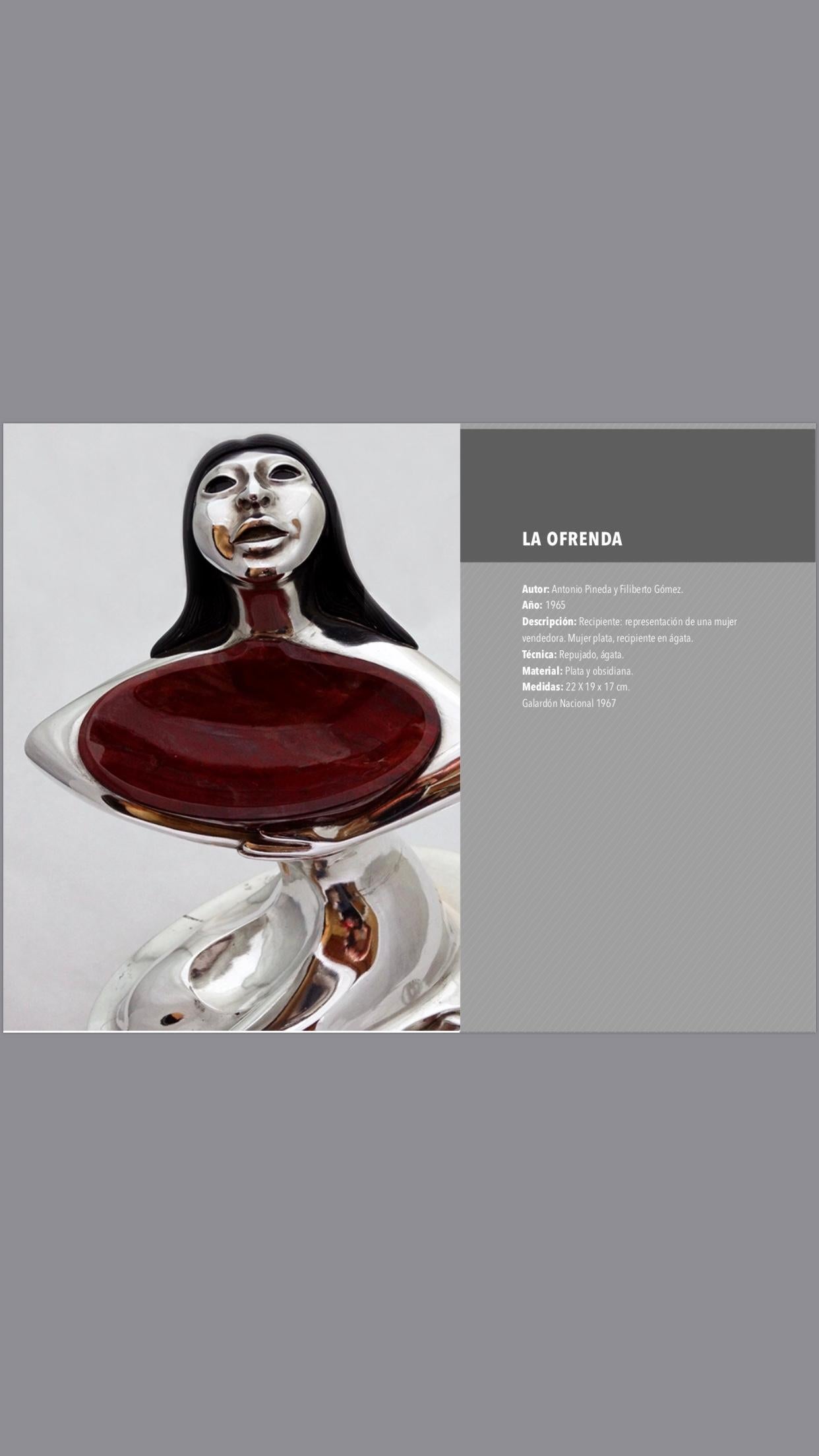 The offering, representation of an Indian woman seller in silver and the container in agate. Winner of the National Silver Award in 1967. Embossed technique and obsidian