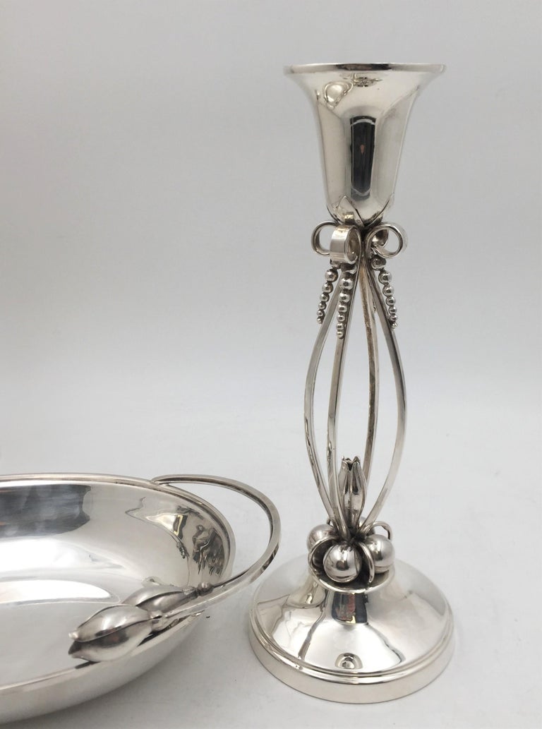 La Paglia Sterling Silver Bowl & Pair of Candlesticks Mid-Century Jensen Style In Good Condition For Sale In New York, NY