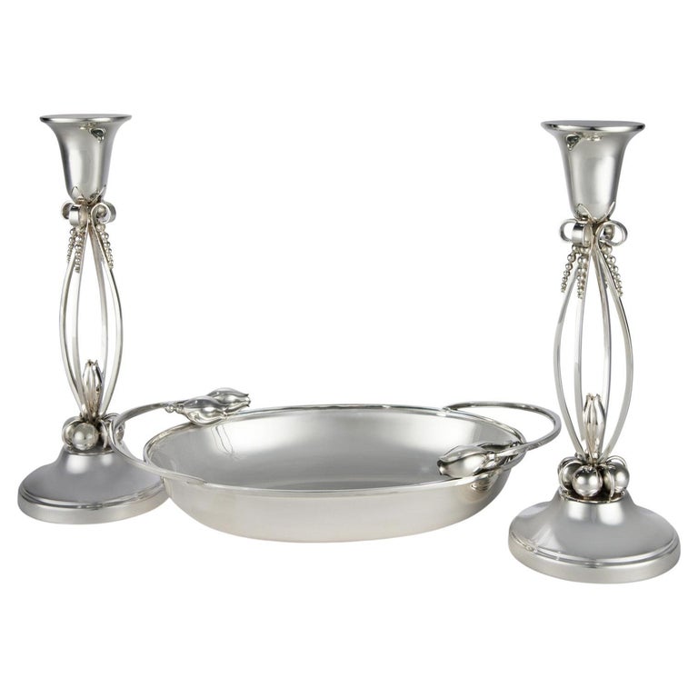 La Paglia Sterling Silver Bowl & Pair of Candlesticks Mid-Century Jensen Style For Sale