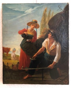 Rural Scene Oil Painting of Peasant Couple, 1870s