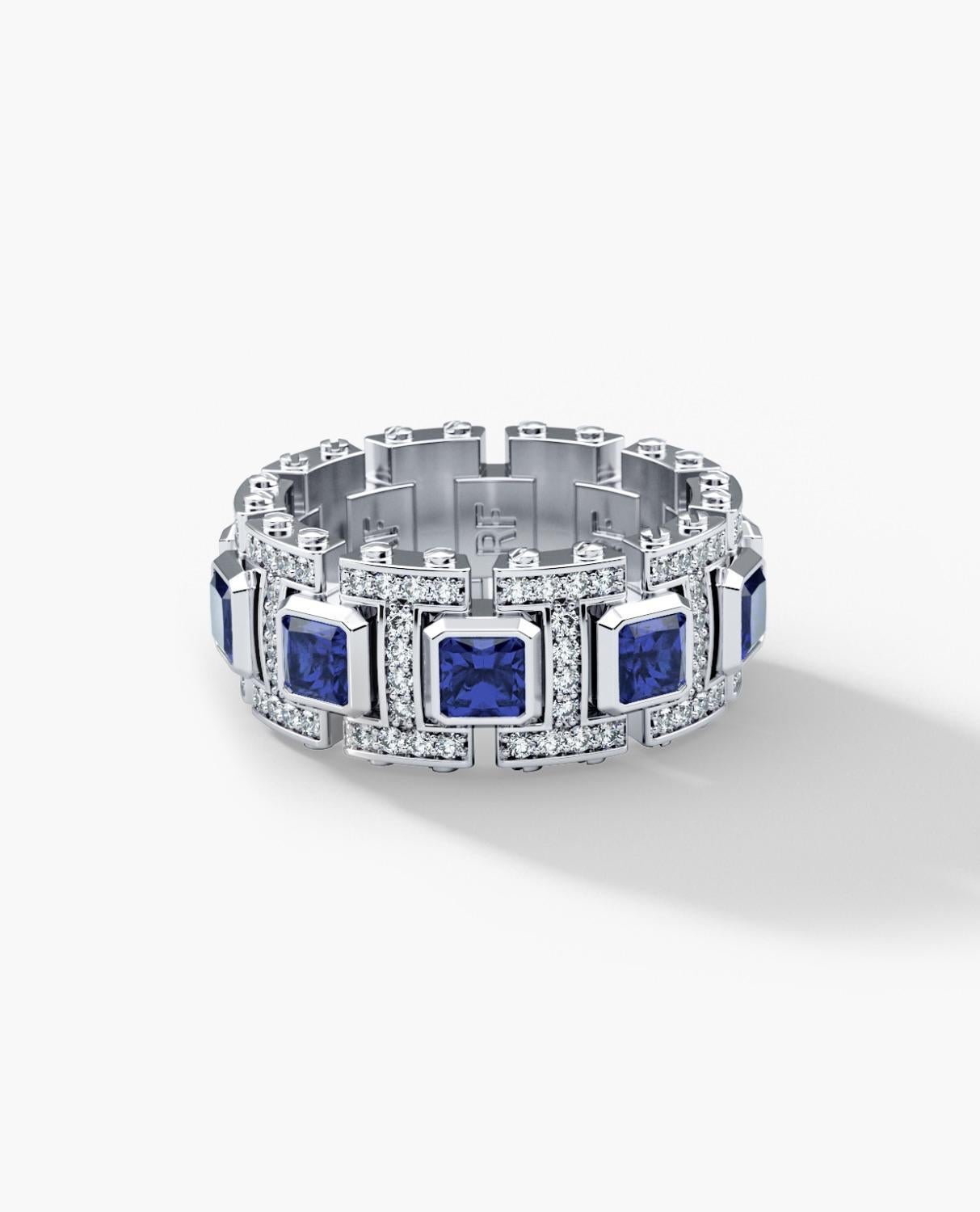 Contemporary LA PAZ Platinum Ring with 4.70ct Sapphires and Diamonds For Sale
