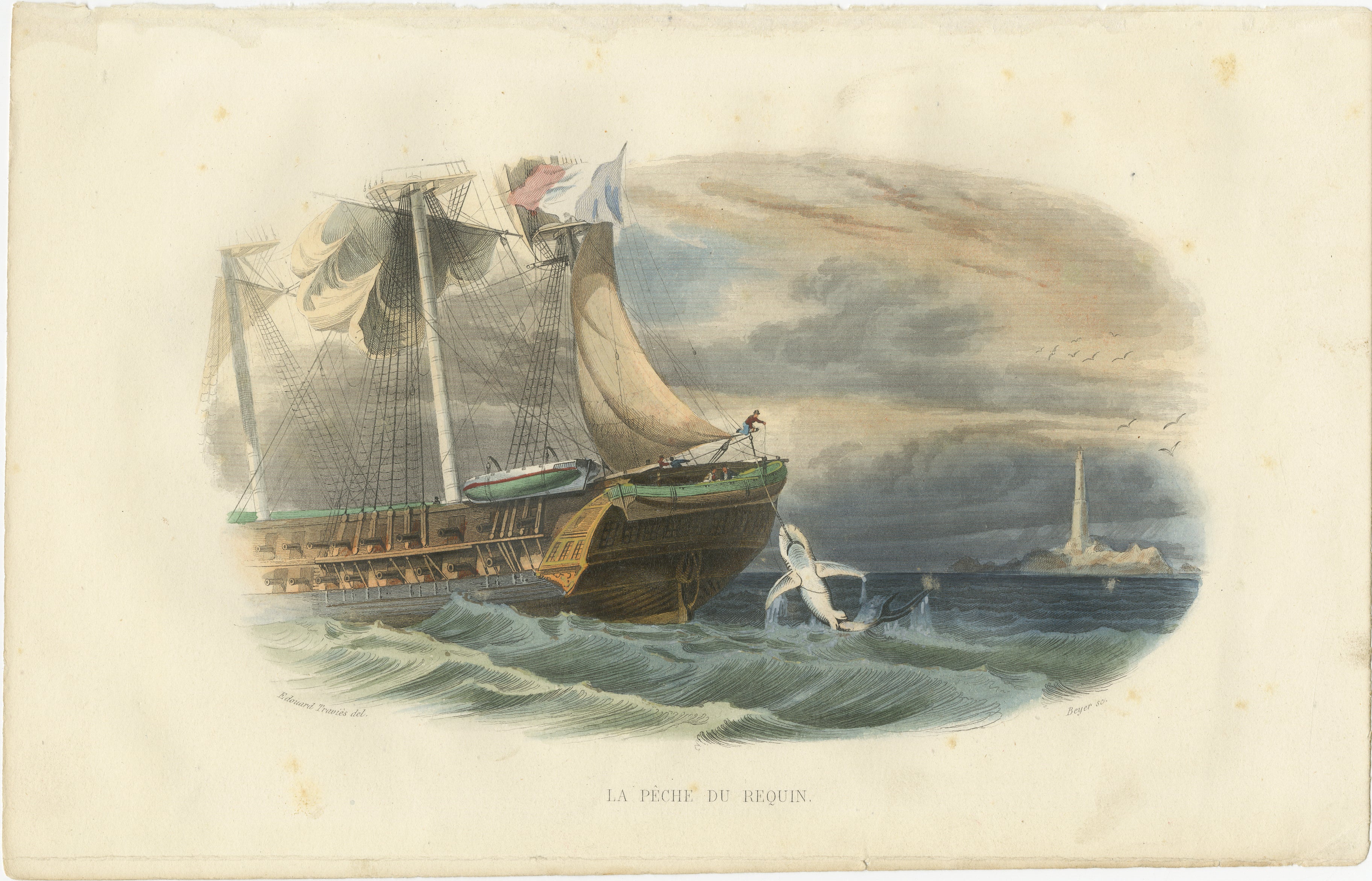 La Pêche du Requin (Shark Fishing), Hand-Colored Engraving, 1840