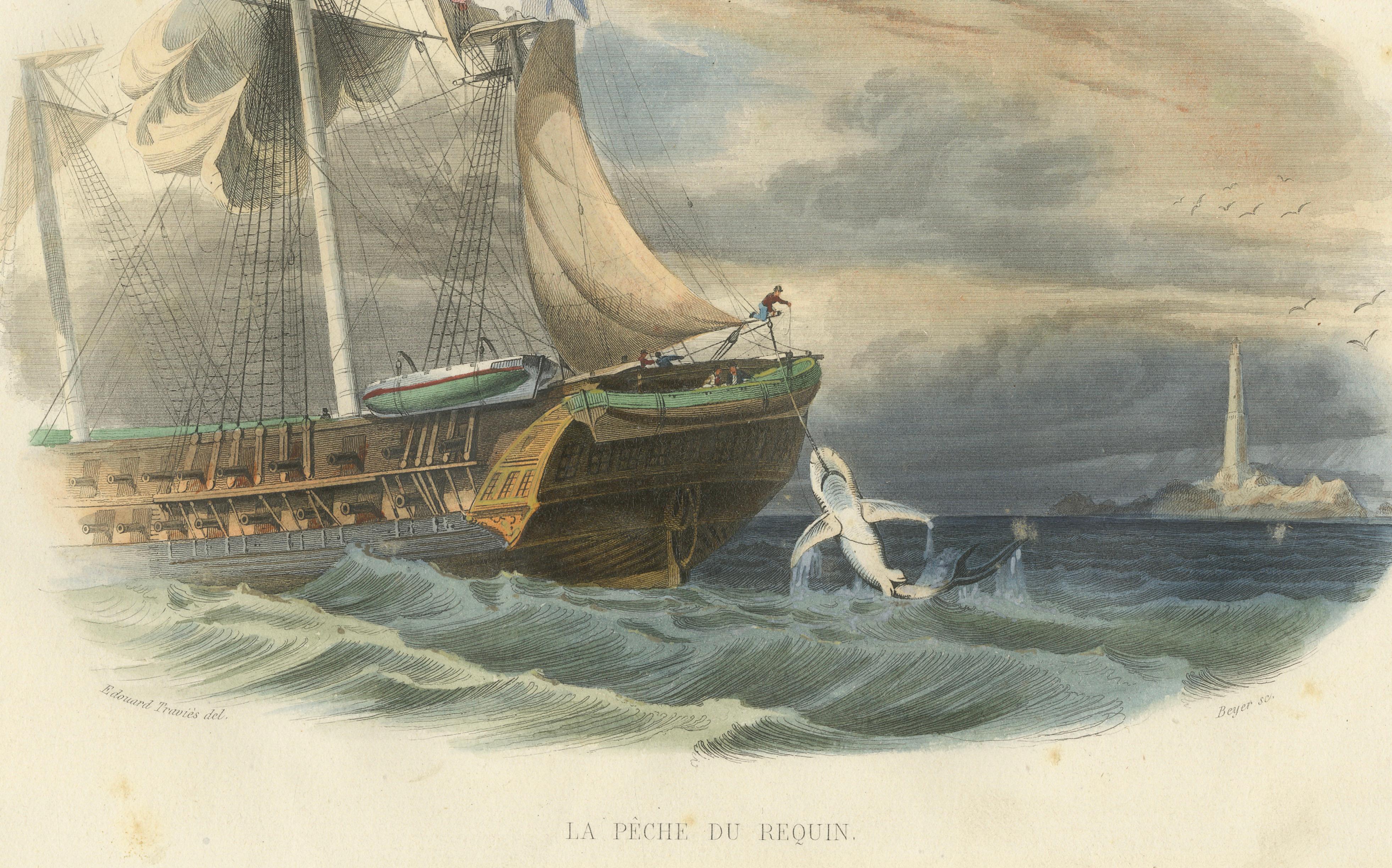 La Pêche du Requin (Shark Fishing), Hand-Colored Engraving, 1840