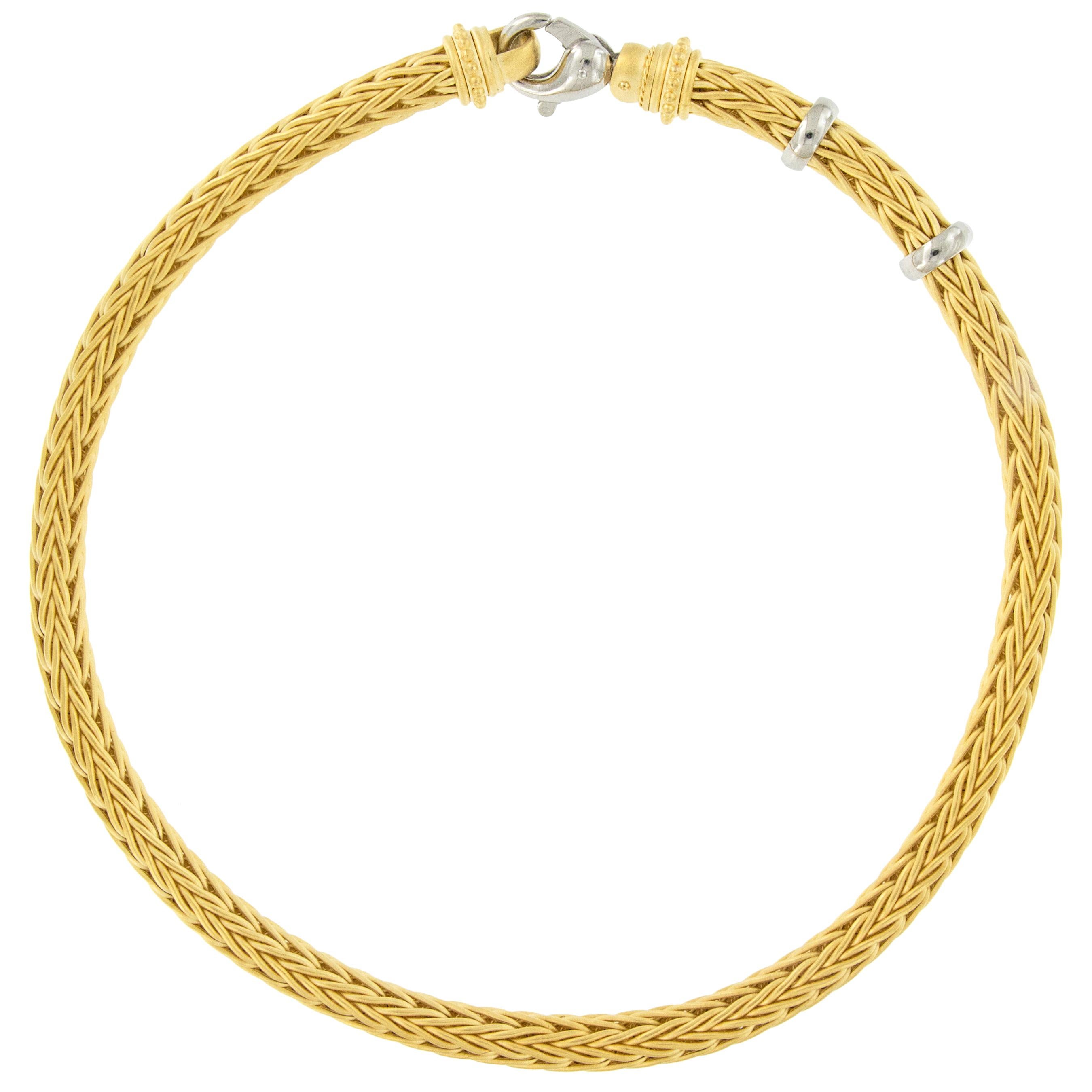 La Pepita 18 Karat Yellow Gold Handwoven Wheat Necklace with Platinum Accents