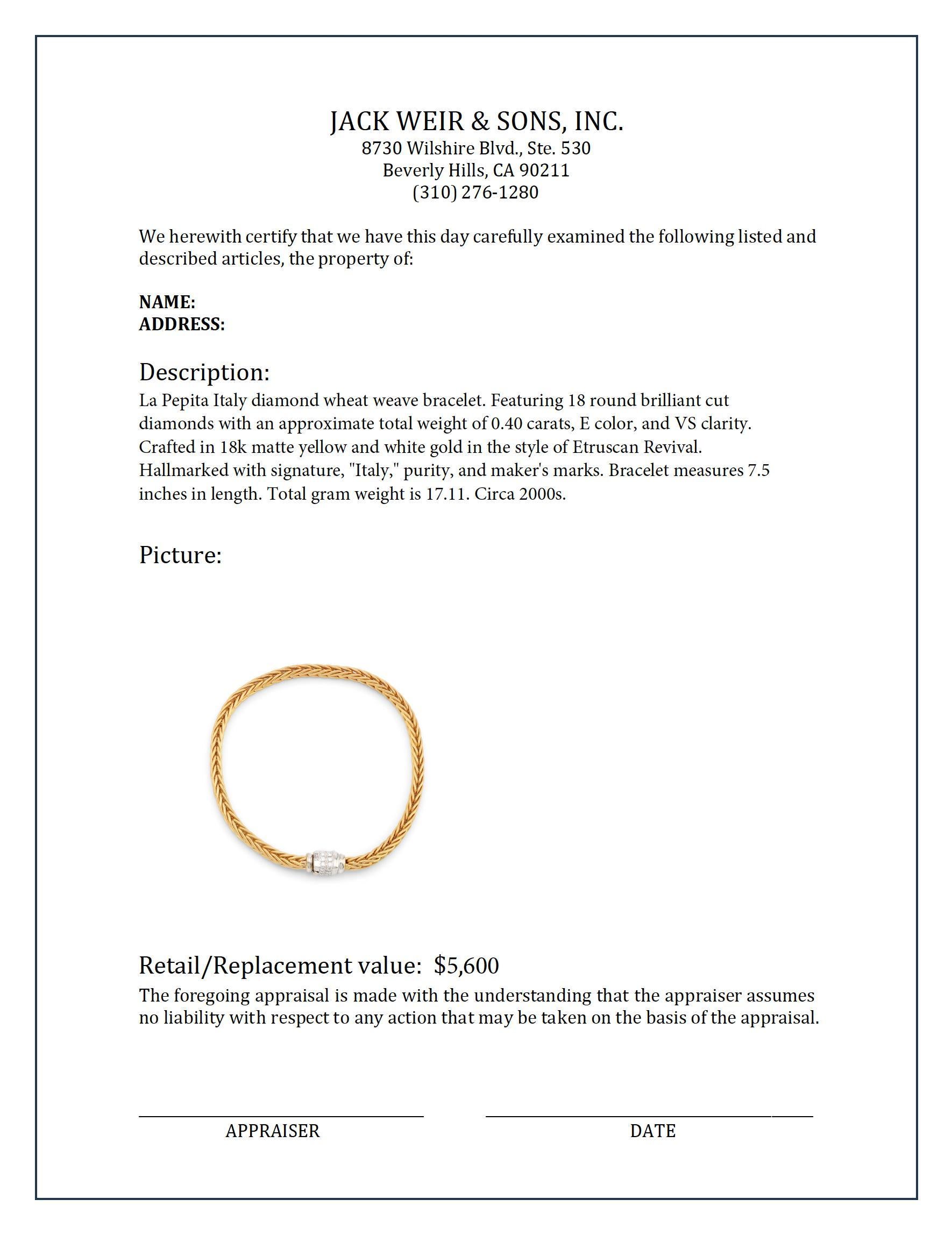La Pepita Italy diamond 18k matte gold wheat weave bracelet In Excellent Condition In Beverly Hills, CA