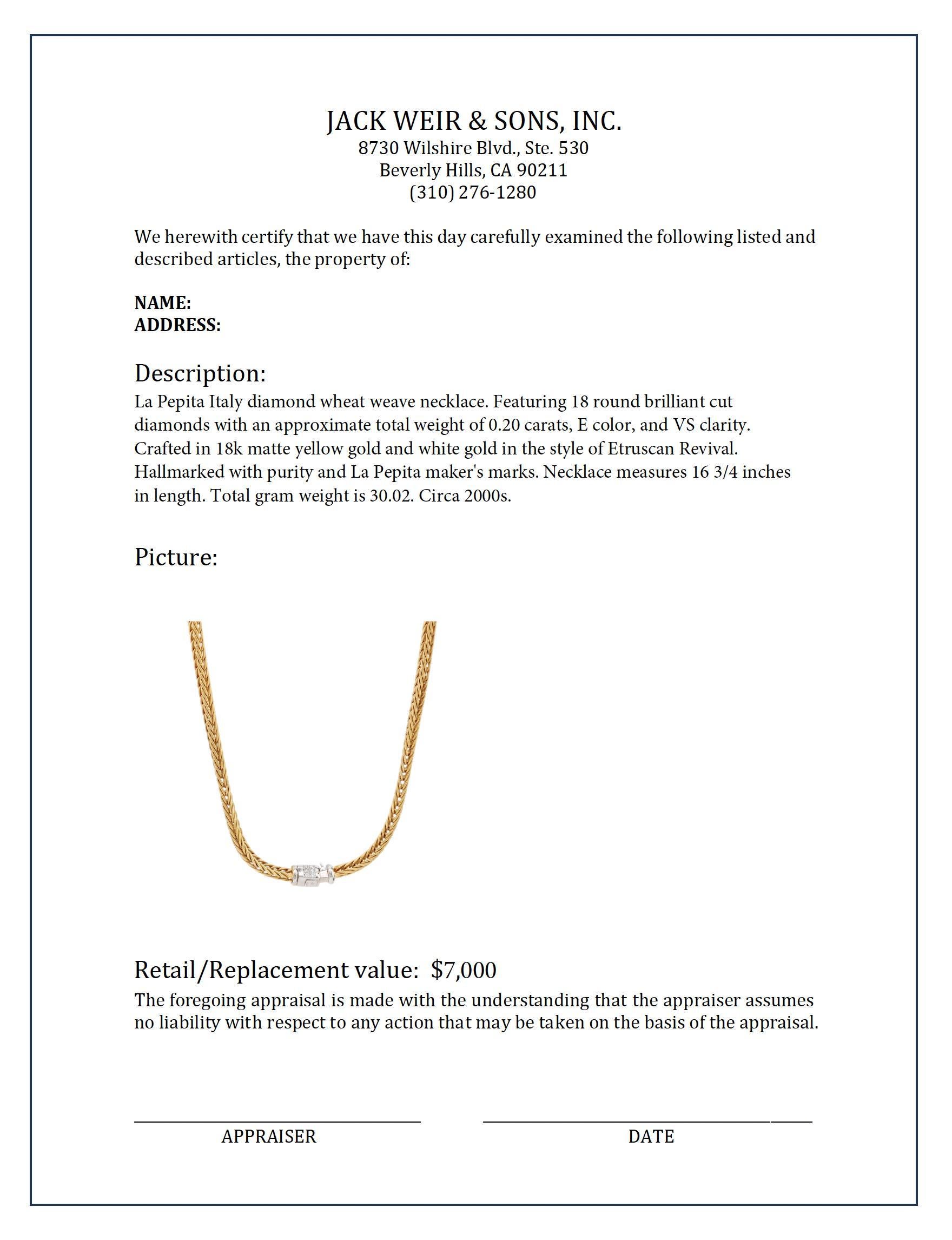 La Pepita Italy diamond 18k matte yellow and white gold wheat weave necklace In Excellent Condition In Beverly Hills, CA