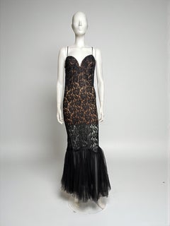 La Perla 1990s Black Lace Mermaid Gown with Sheer Tulle Hem