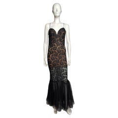 La Perla 1990s Black Lace Mermaid Gown with Sheer Tulle Hem La Perla 1990s Black Lace Mermaid Gown with Sheer Tulle Hem
