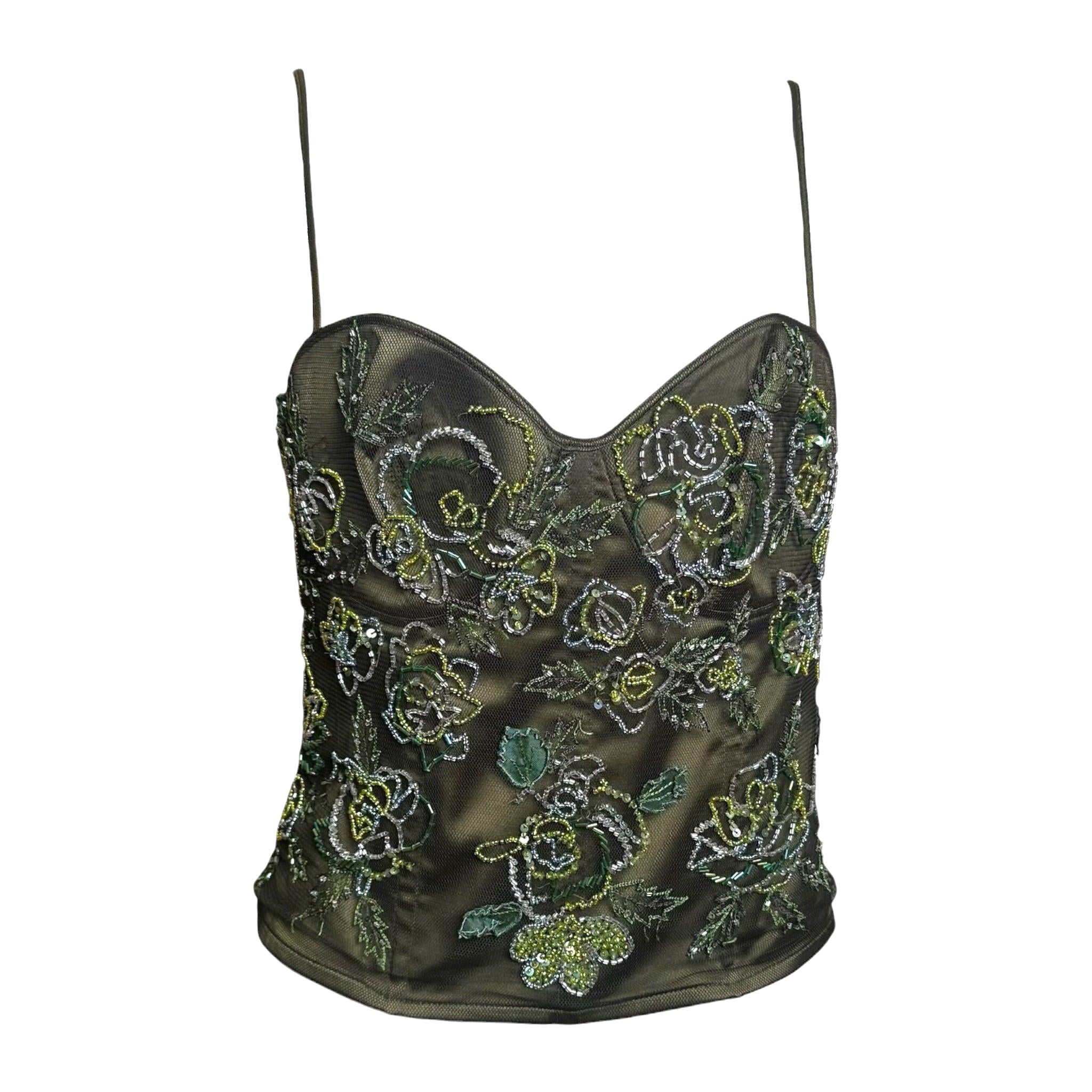 Pre-owned La Perla 1990s Olive Green Beaded Floral-embellished Corset Top