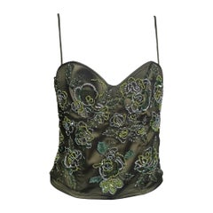 La Perla 1990s Olive Green Beaded Floral-Embellished Corset Top